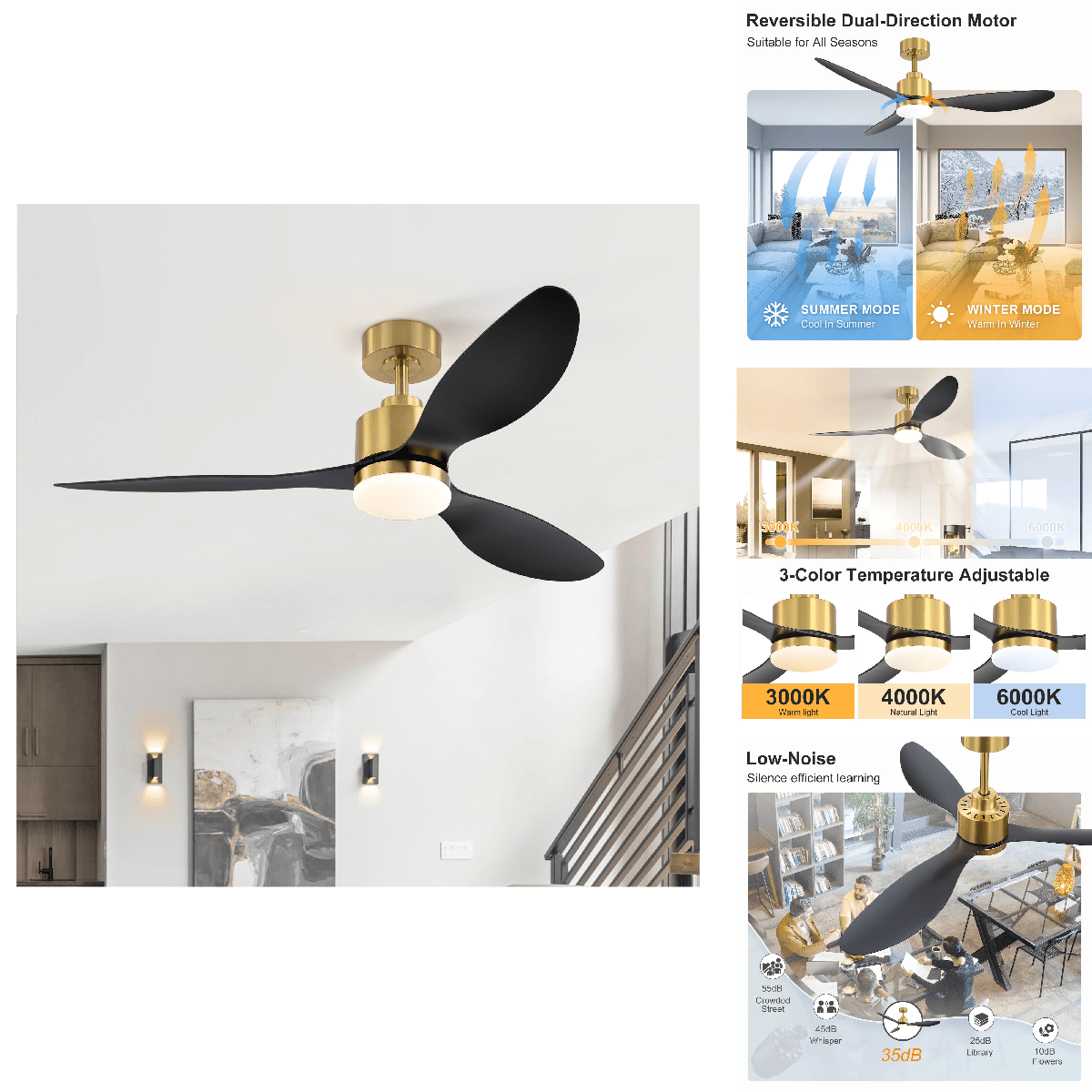 Breezary 52 Ceiling Fans Lights And Remote Quiet Dc Motor 3 Reversible Blades