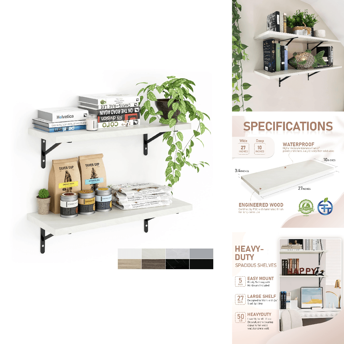 Kaboon 27 Inch Long 10 Inch Deep Floating Shelves For Wall Set Of 2 Large Open