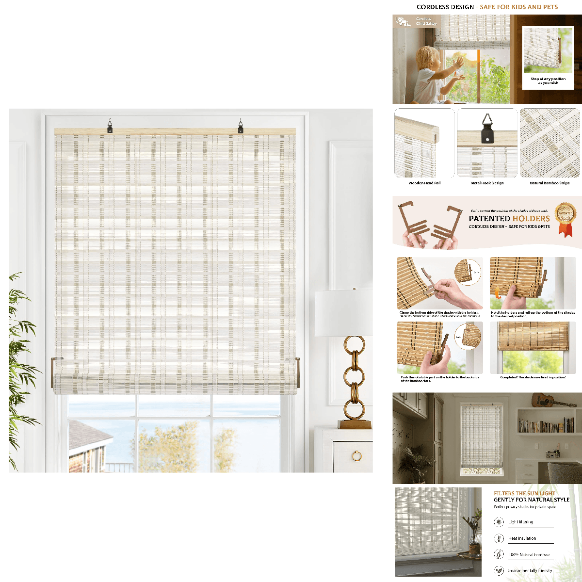 Lazblinds Cordless Bamboo Blinds Roll Up Shades For Windows Light Filtering