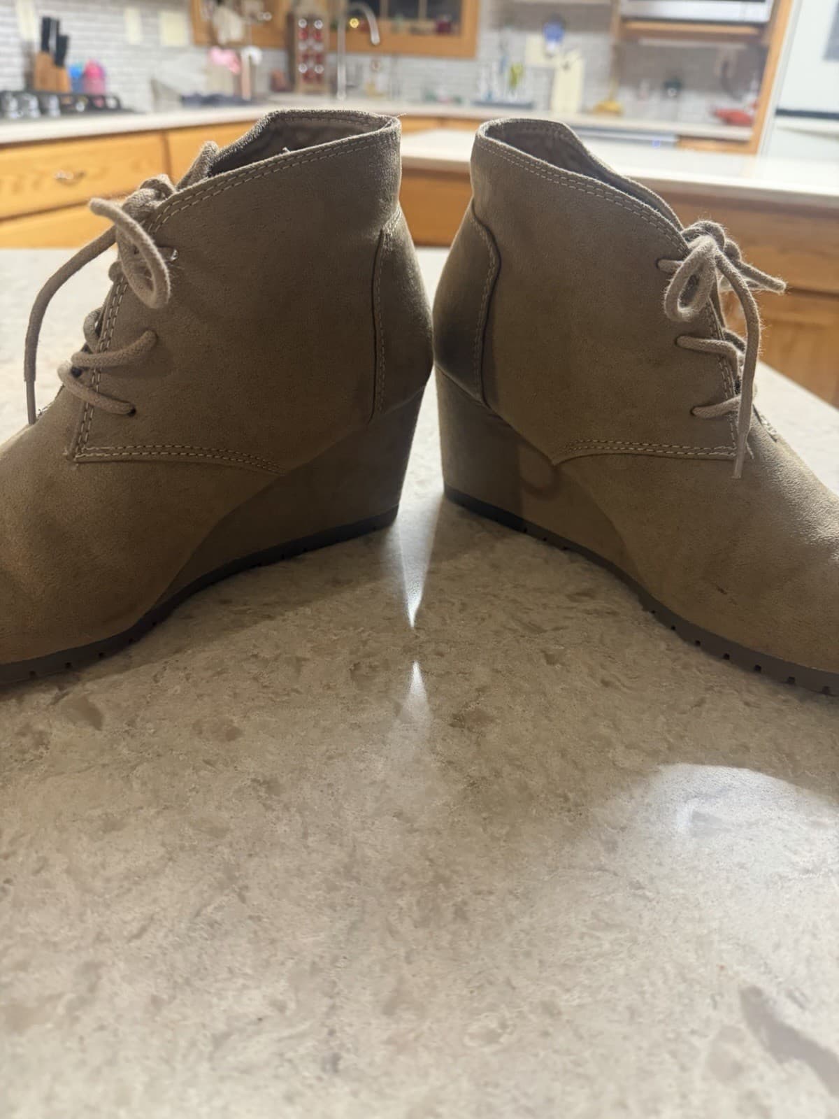 Faded Glory tan beige tie wedge bootie shoe boot Womens size 9 - Thumbnail 3