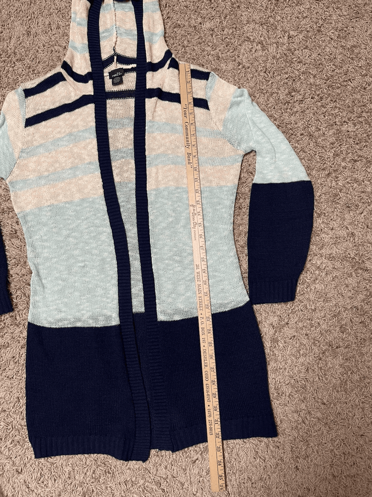 rue21 striped hooded long cardigan Ivory, navy, turquoise Large - Thumbnail 5