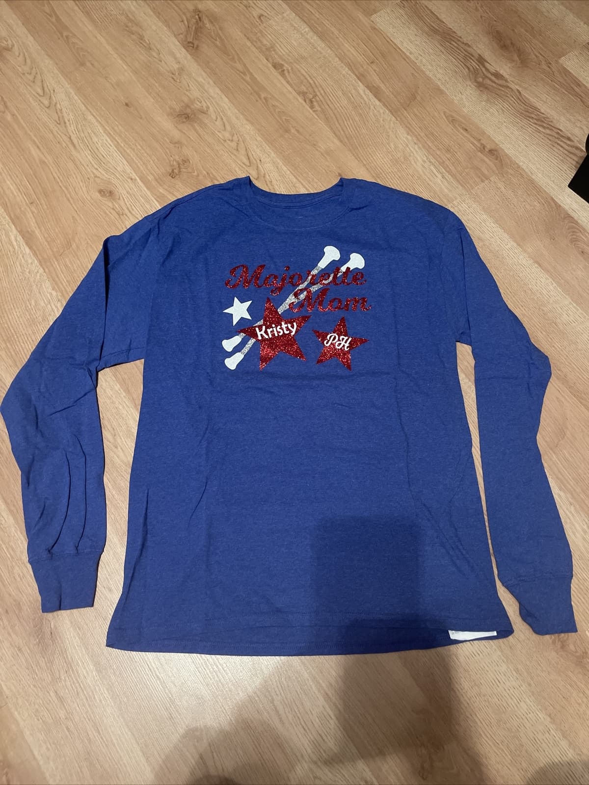 Majorette Mom Twirl Baton Royal Blue glitter Long Sleeve Tshirt Medium
