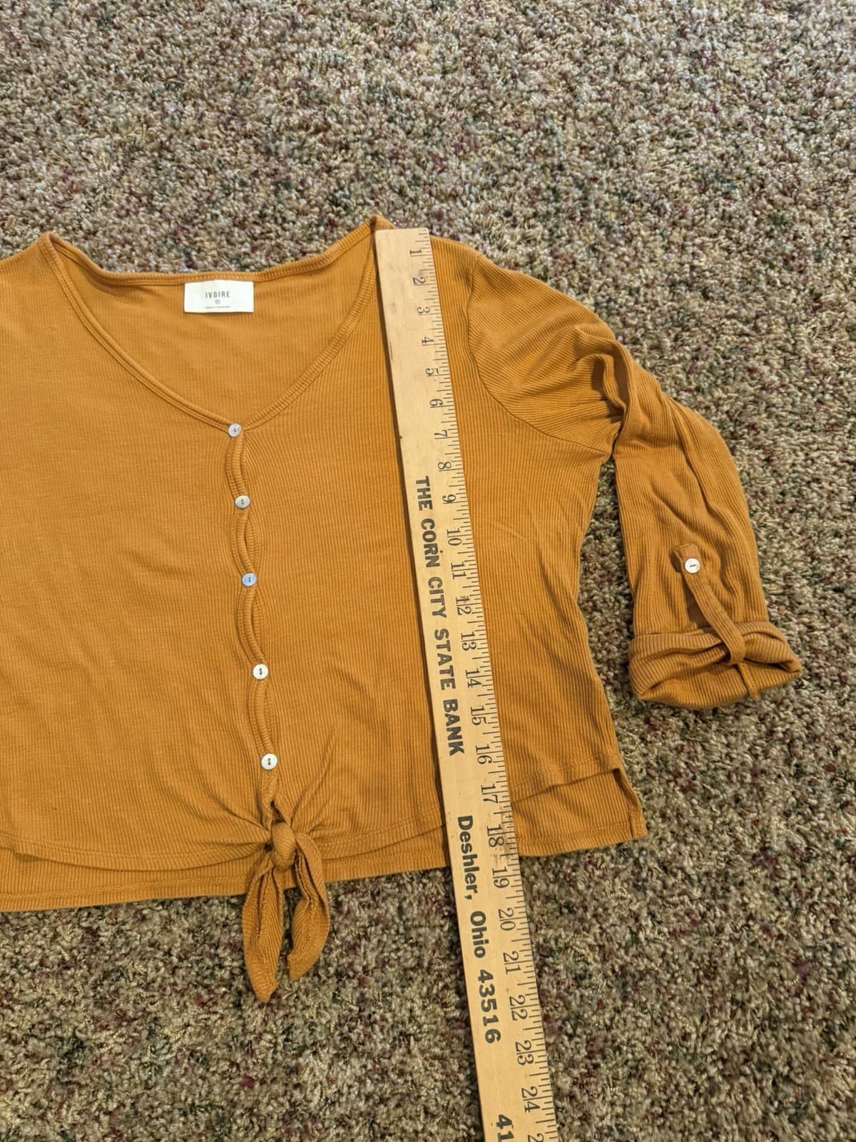 Ivoire roll tab 3/4 sleeve Cropped button mustard yellow Tie Waist Vneck XL - Thumbnail 4