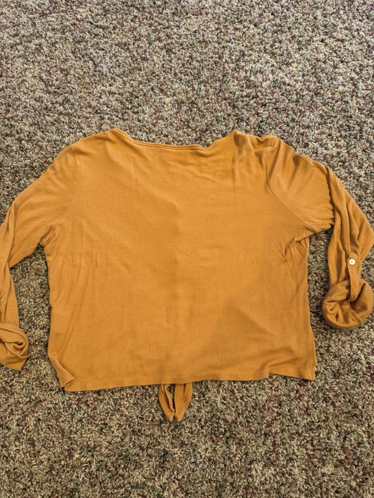 Ivoire roll tab 3/4 sleeve Cropped button mustard yellow Tie Waist Vneck XL - Thumbnail 5