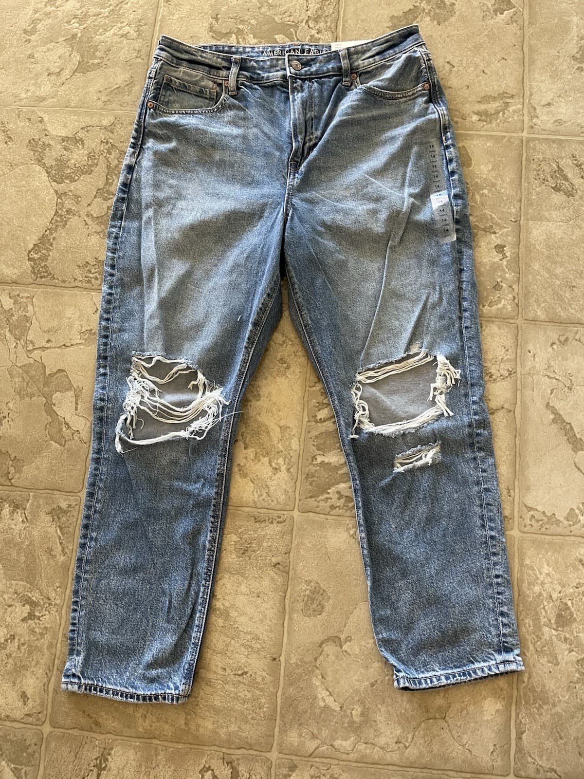 American Eagle Strigid Med Blue Distressed Destructed Mom Jeans 14 Short NWT - Thumbnail 2