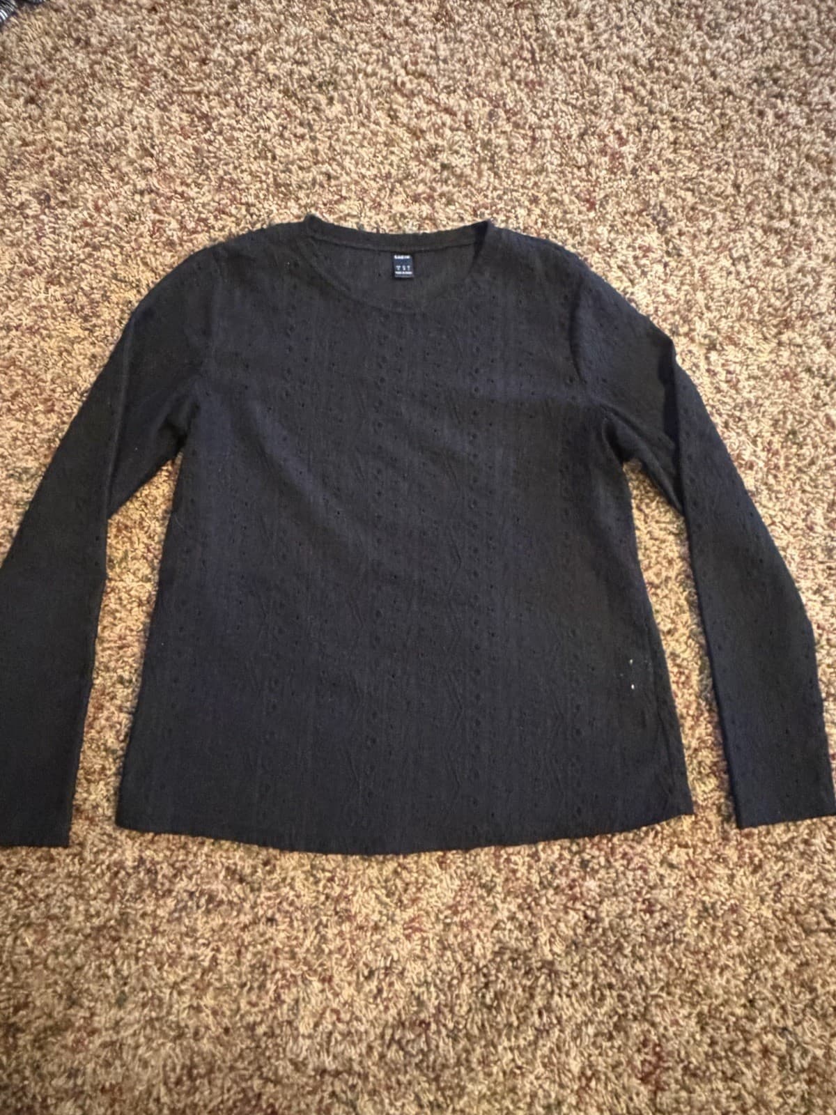 Shein black crew neck eyelit zig zag design long sleeve shirt top Med