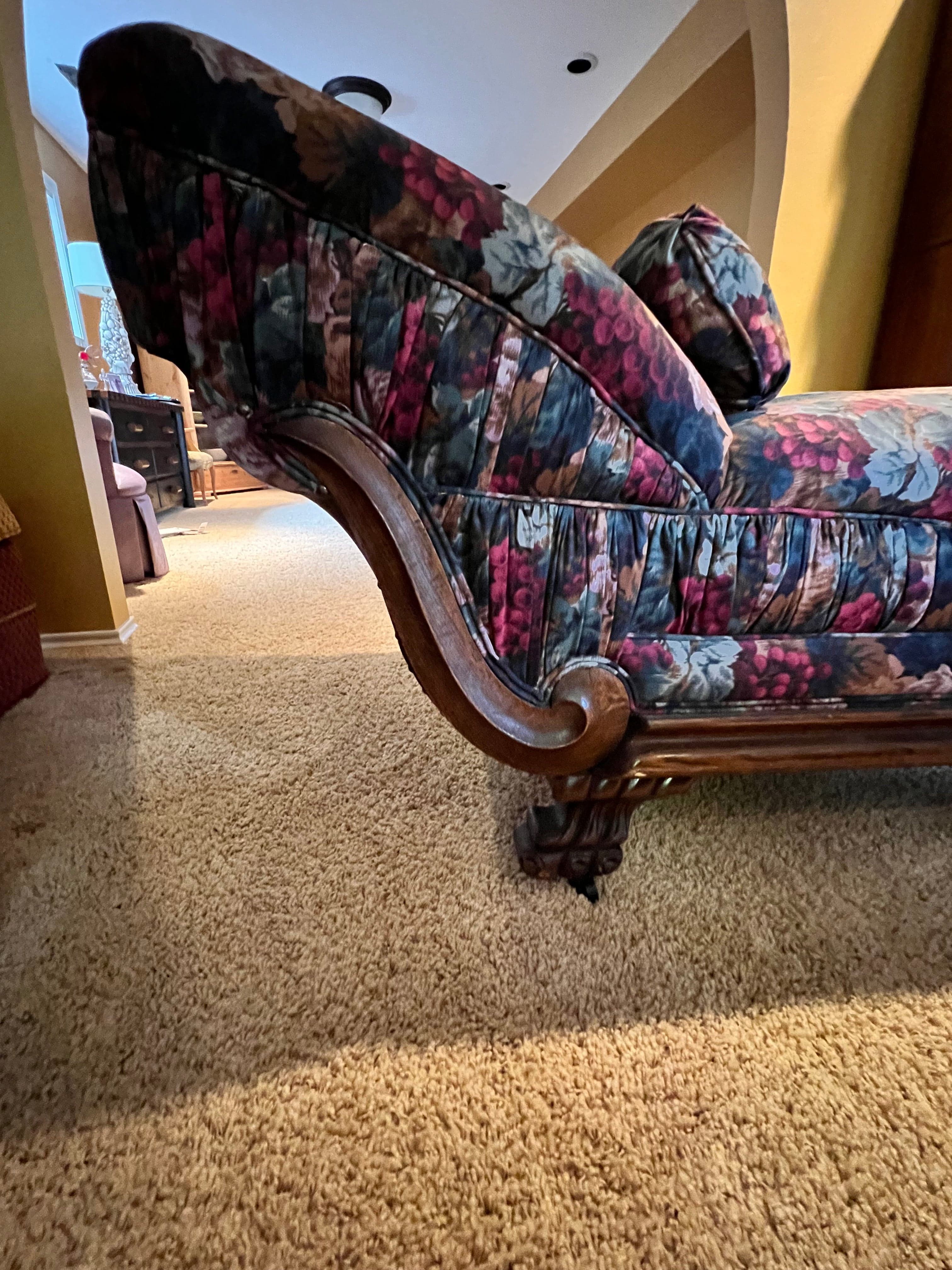 Antique Carved Wood Frame Chaise Lounge Floral Upholstery PD138-36 - Thumbnail 7