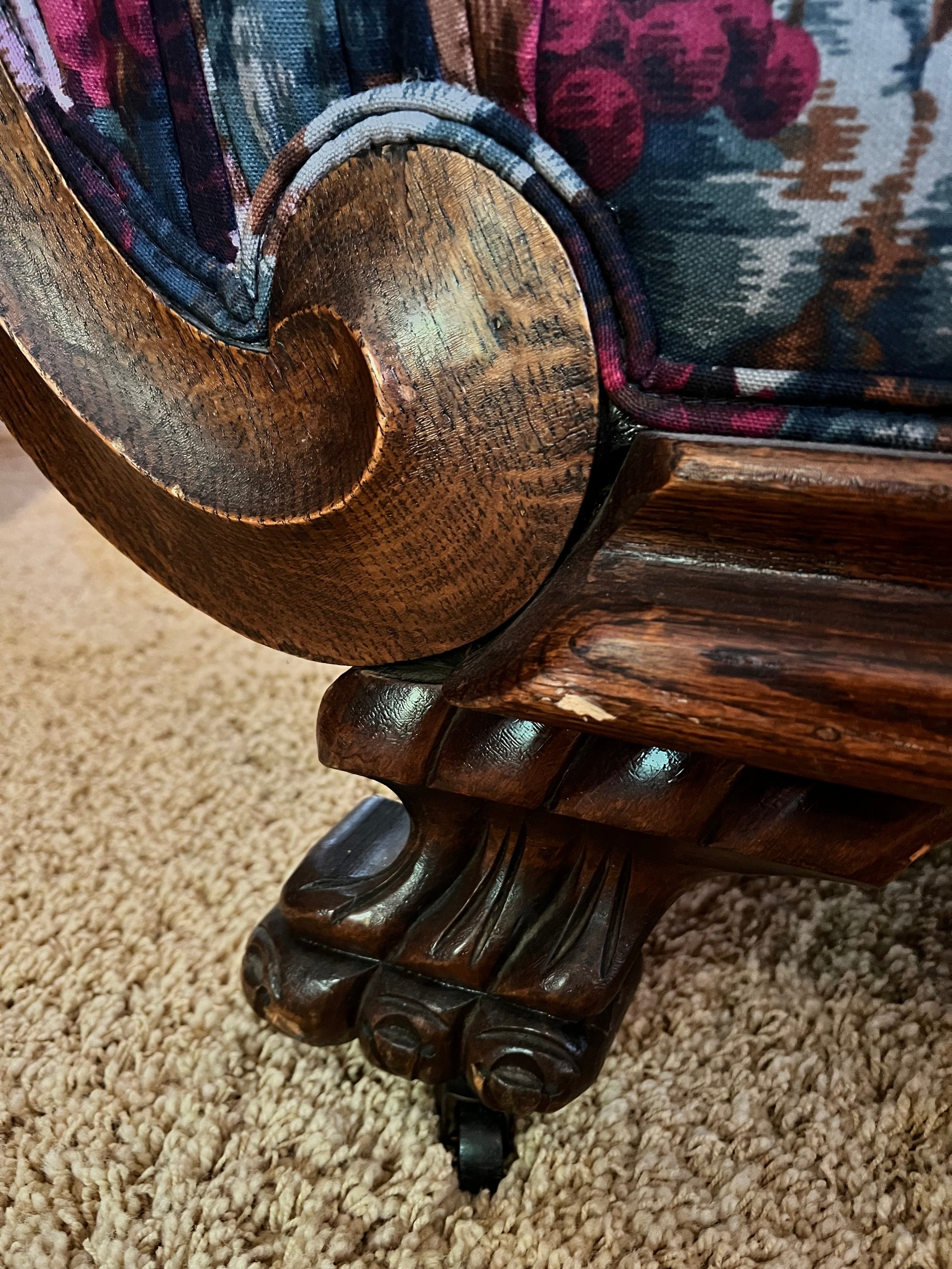 Antique Carved Wood Frame Chaise Lounge Floral Upholstery PD138-36 - Thumbnail 9