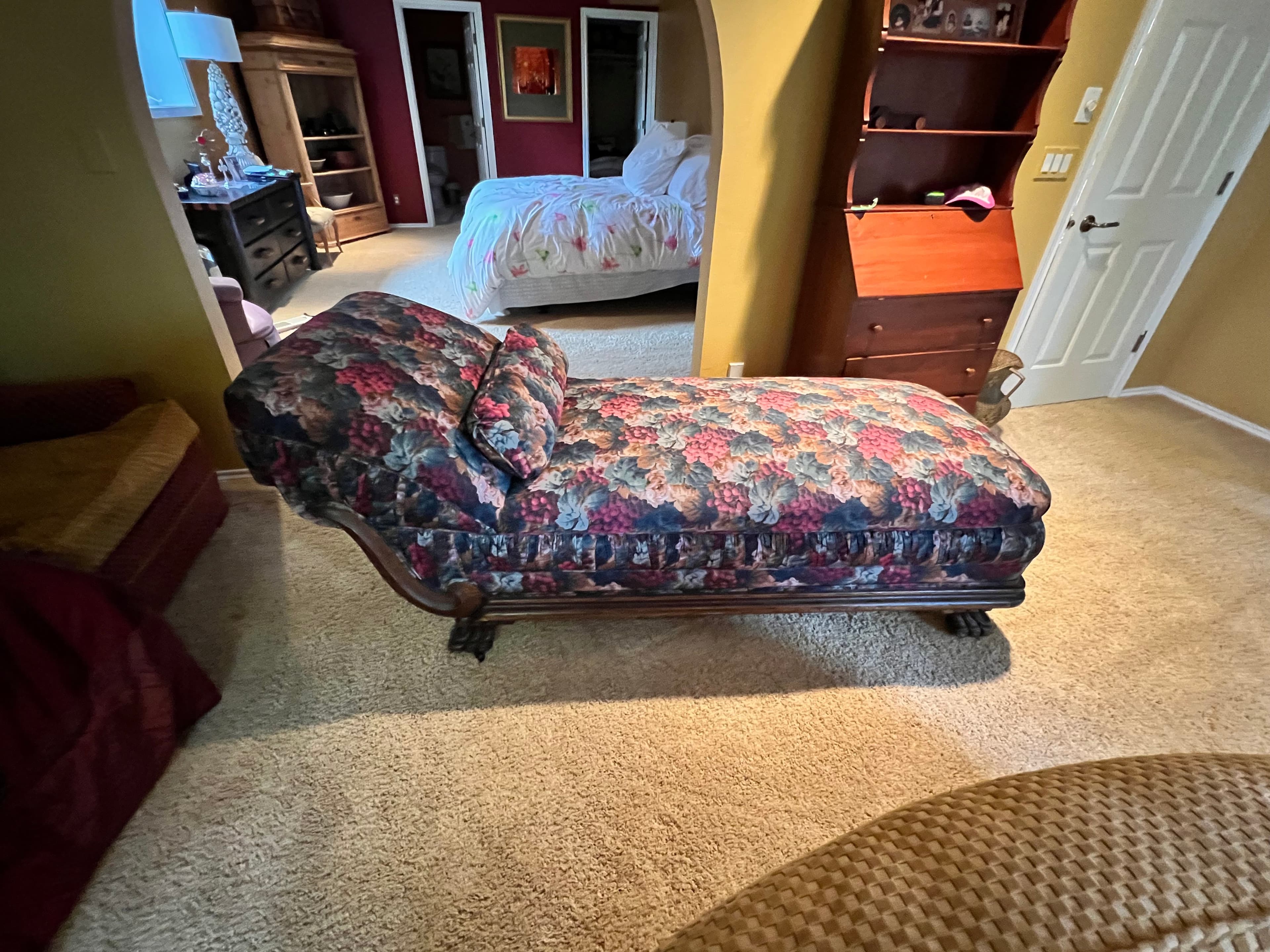 Antique Carved Wood Frame Chaise Lounge Floral Upholstery PD138-36 - Thumbnail 6