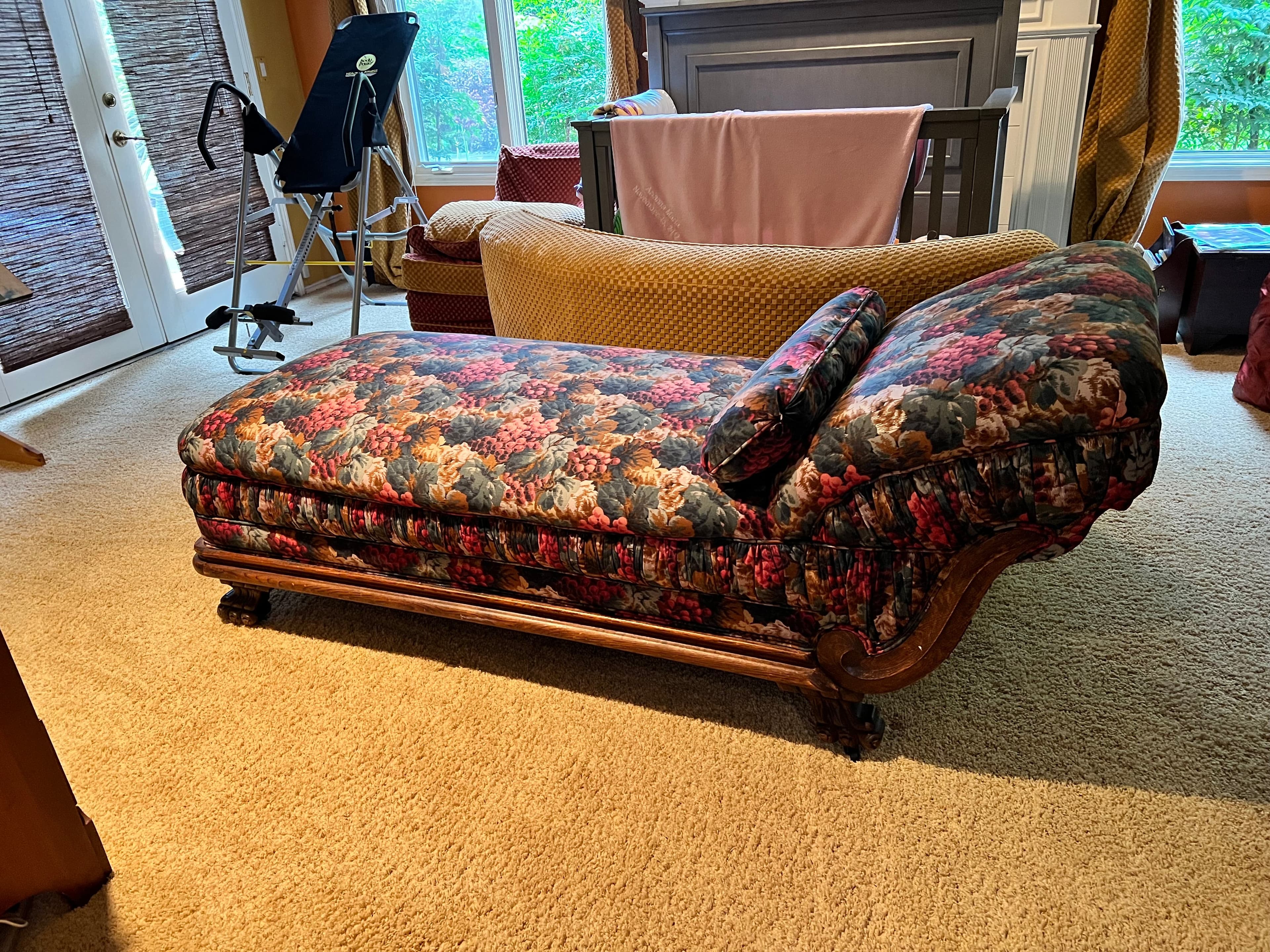 Antique Carved Wood Frame Chaise Lounge Floral Upholstery PD138-36 - Thumbnail 5