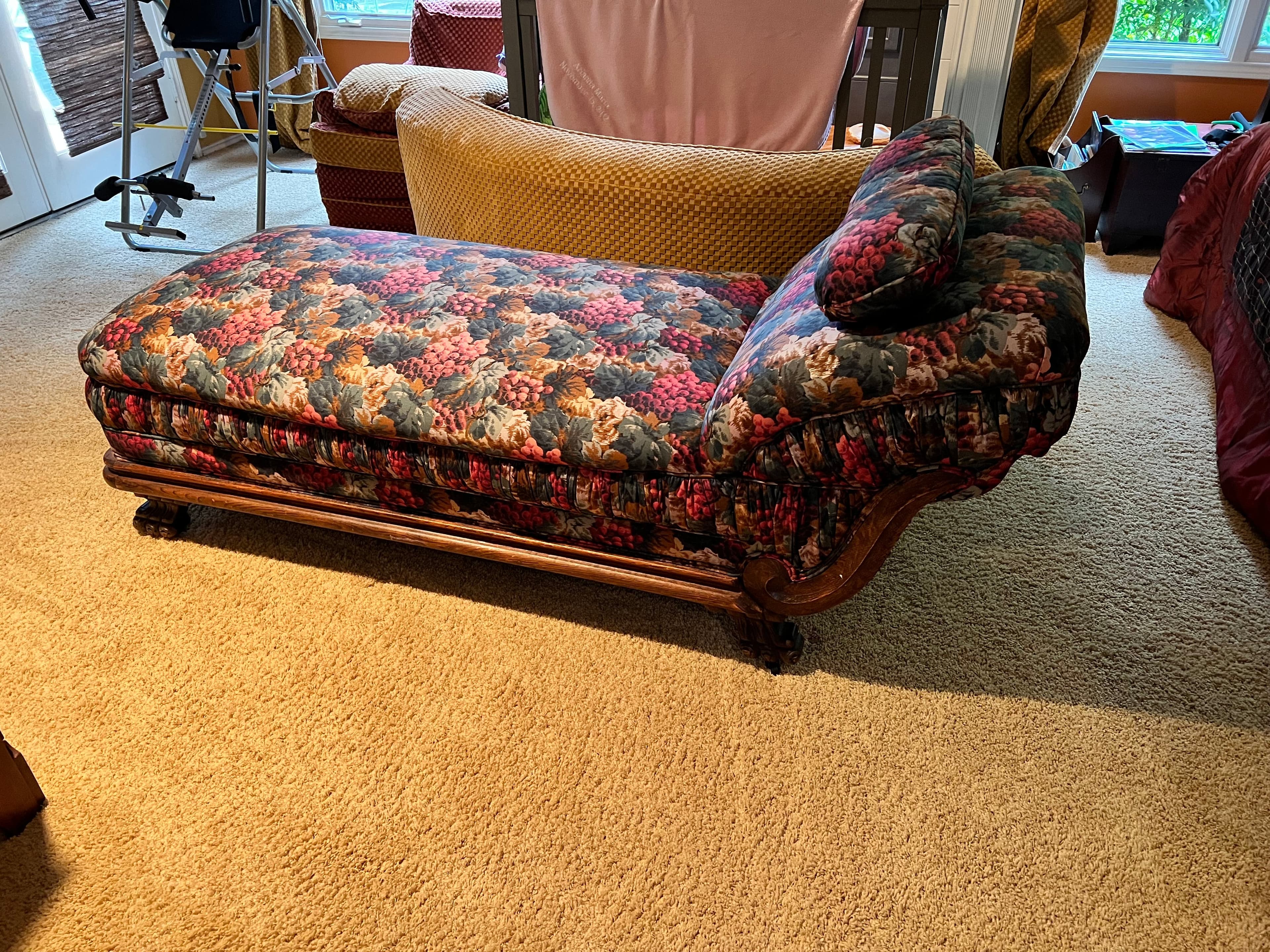 Antique Carved Wood Frame Chaise Lounge Floral Upholstery PD138-36 - Thumbnail 2