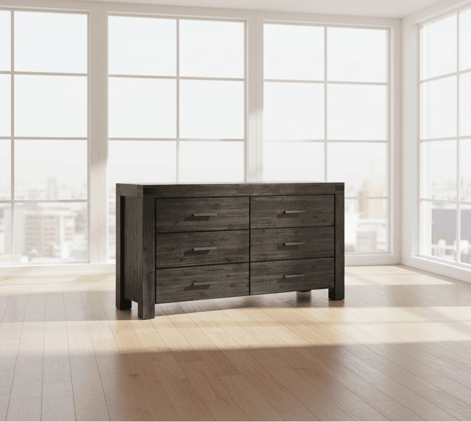 Modus Meadow Six Drawer Solid Wood Dresser Chest in Graphite FFE-1518