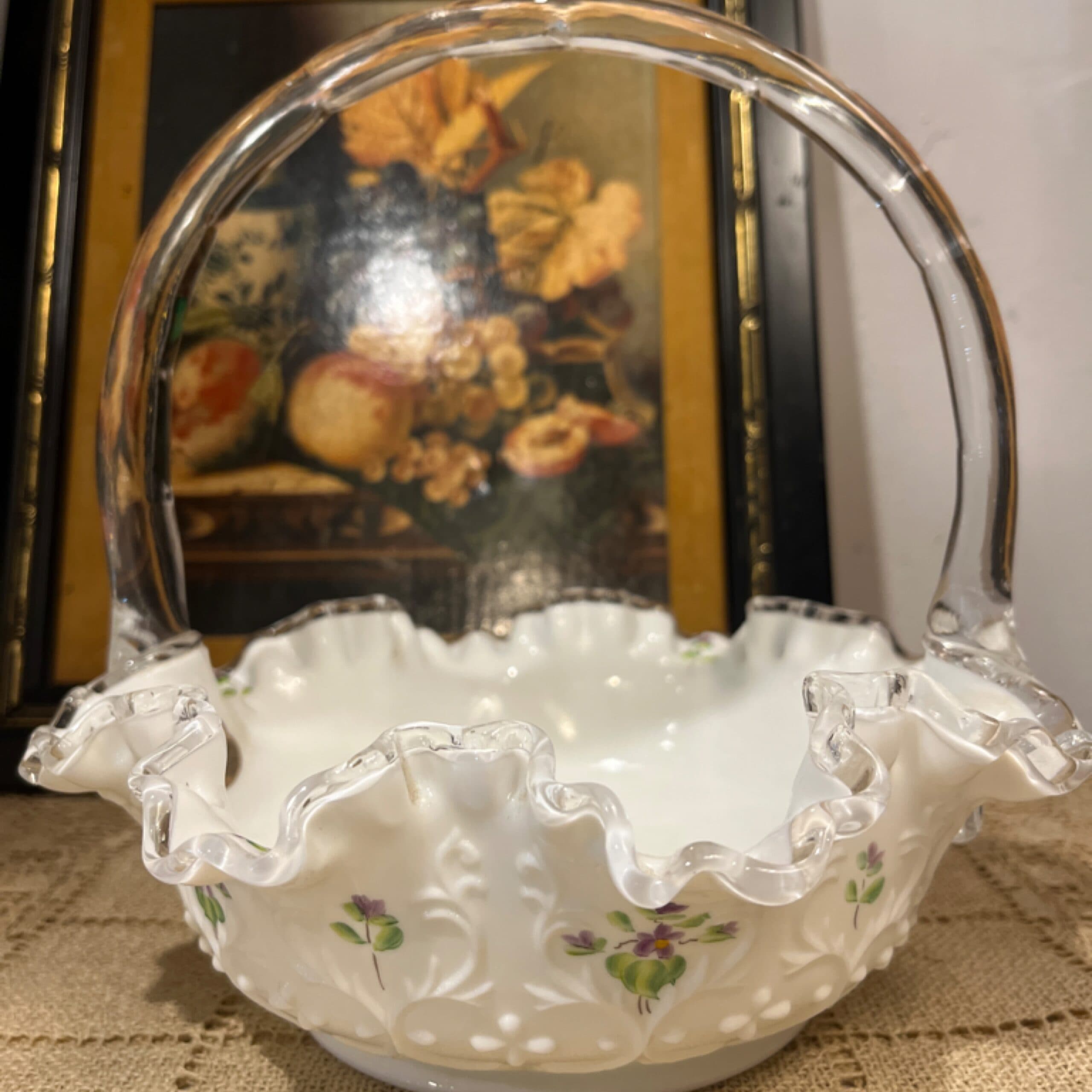 Fenton Ruffled Milkglass Basket - Regular