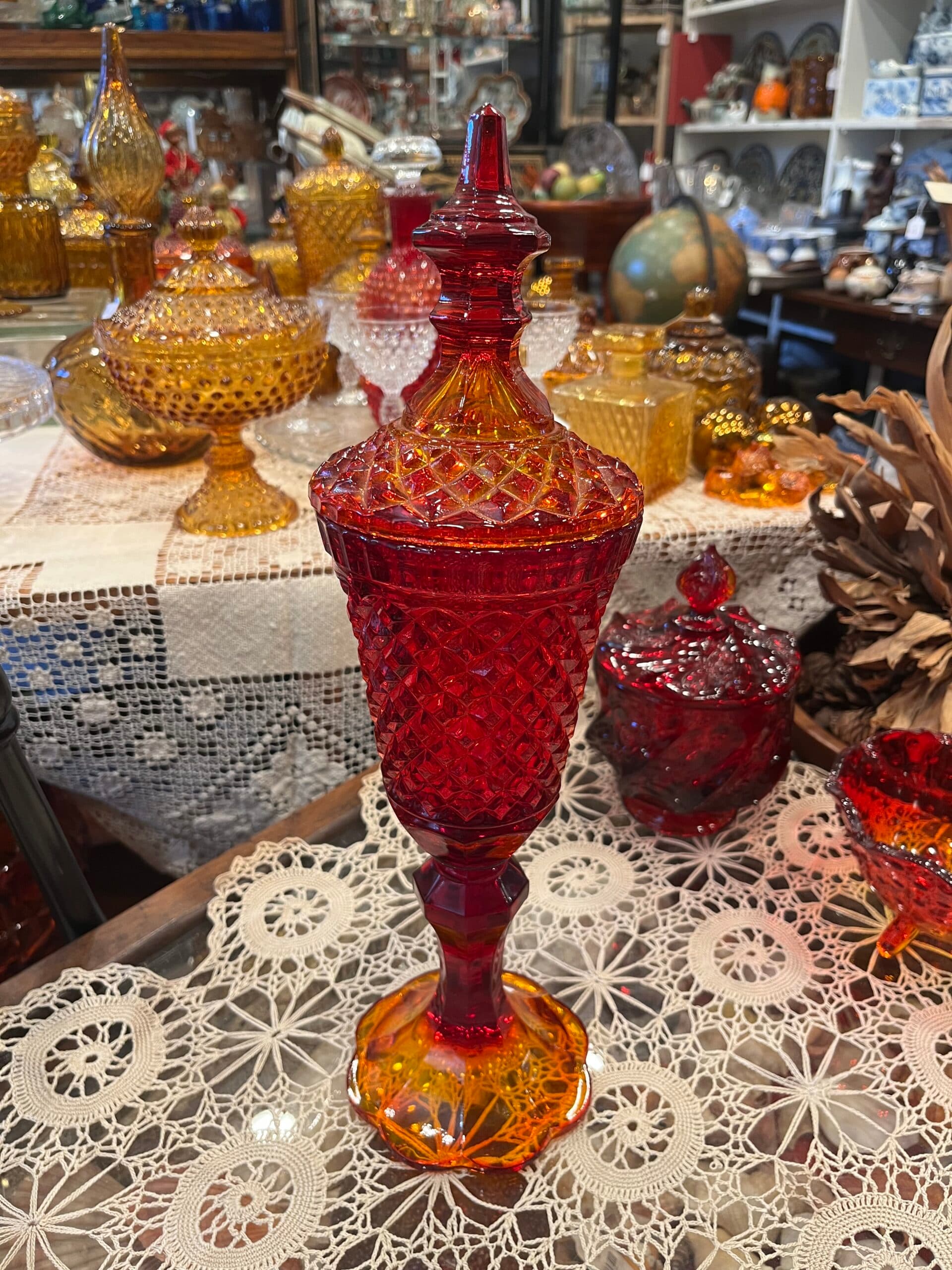 Amberina Glass Diamond Point Hobnail Covered Compote W/Lid - Regular