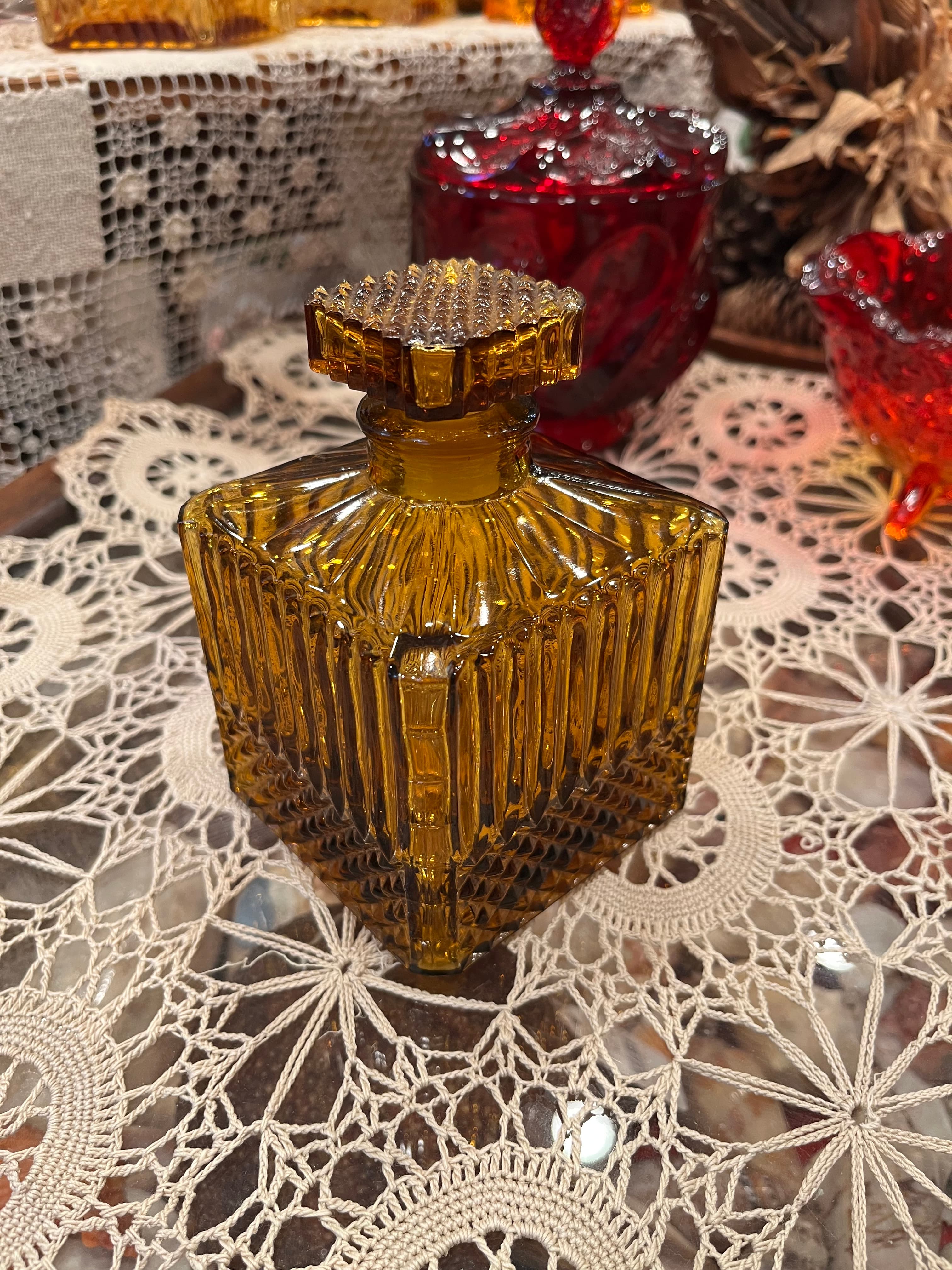 Vintage Amber Glass Square Decanter W/Stopper - Regular