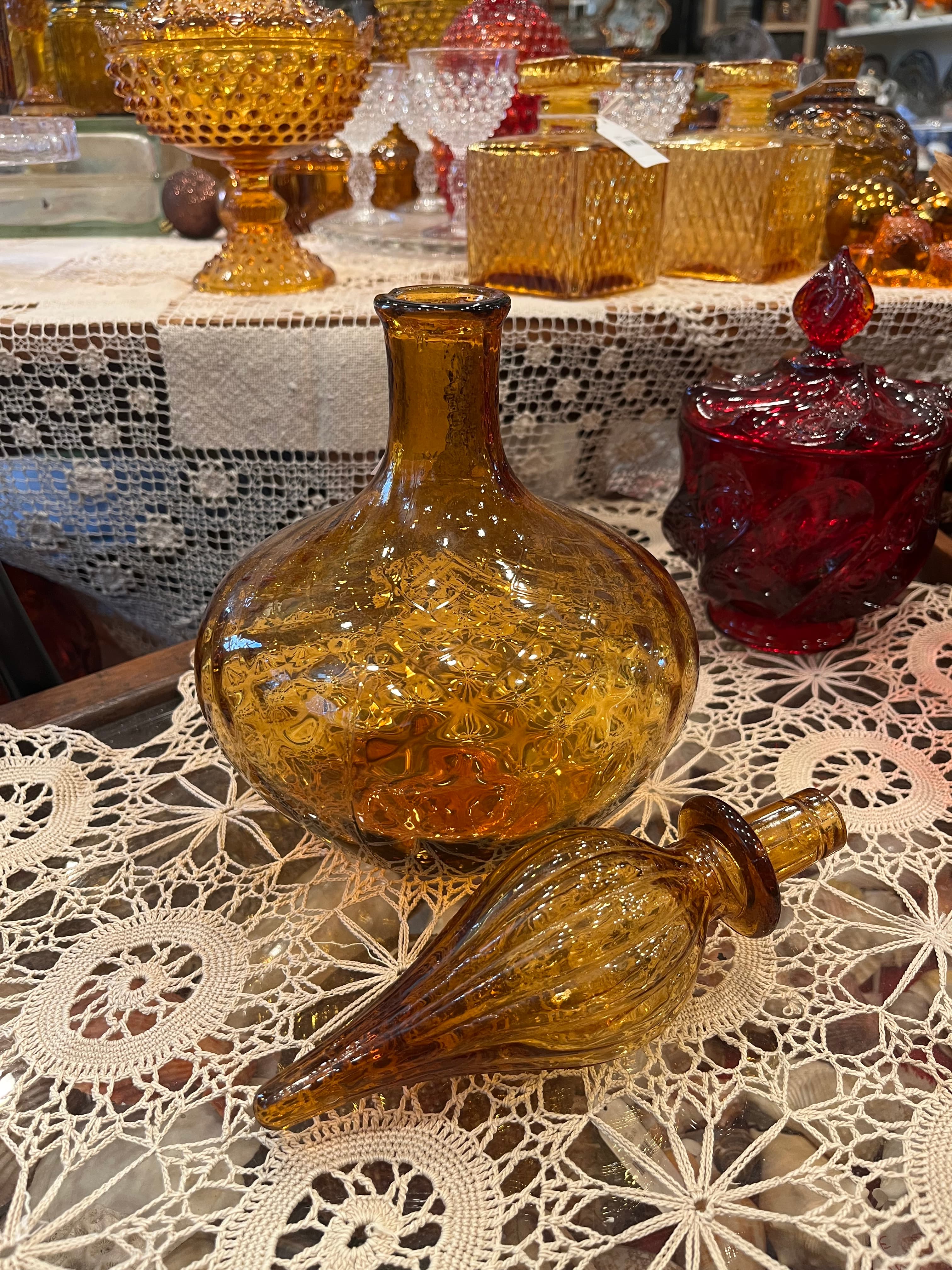 Vintage Italian Empoli Amber Glass Genie Bottle Decanter W/Stopper AS IS - Regular