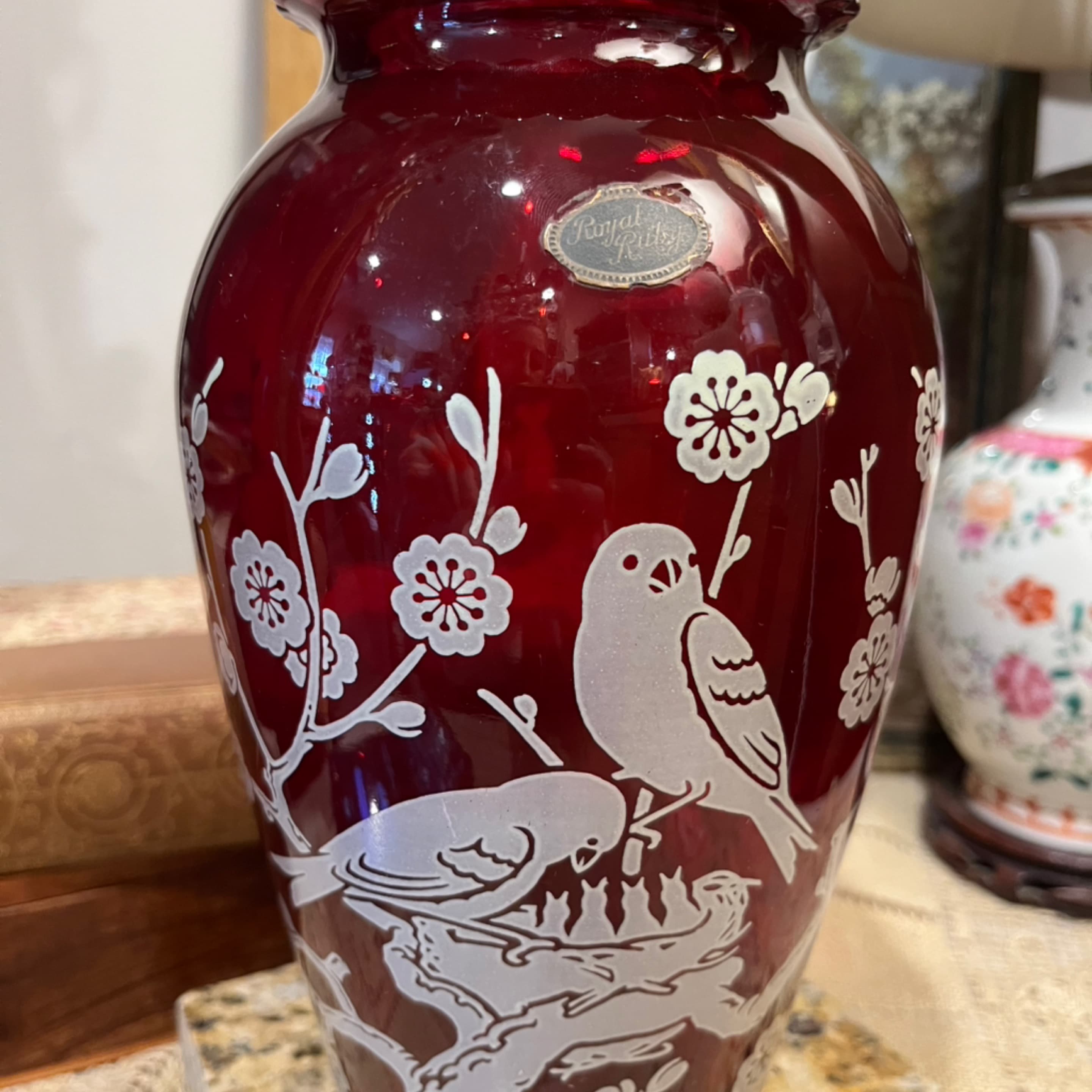 Royal Ruby Vase with Birds [1239] - Regular