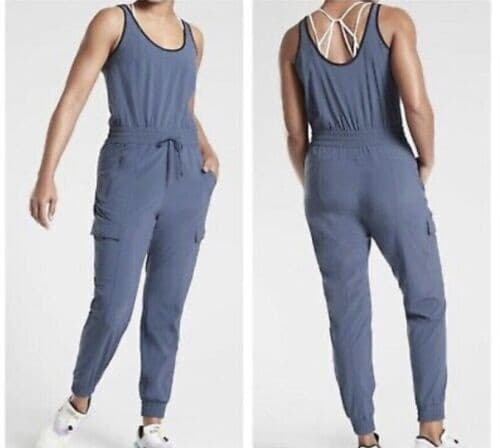 Athleta Iron Blue Unbound Jumpsuit Travel Commute Cargo Pocket Sleeveless Sz.L - Thumbnail 4