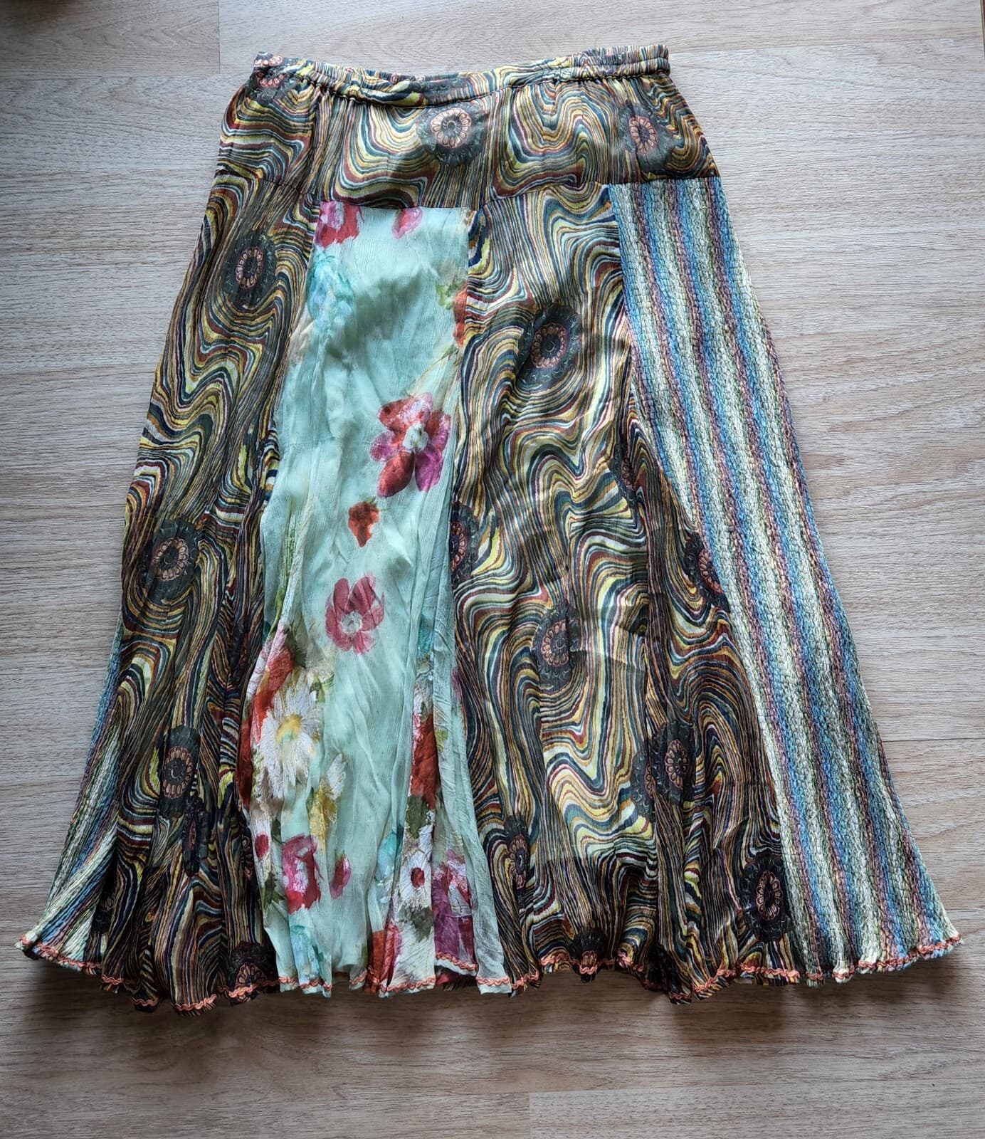 ANU by Natural Patch Work Maxi A-Line Skirt Elastic Waist Multicolor Waist 34" - Thumbnail 5