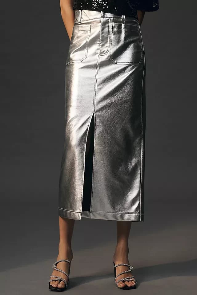 by Anthropologie Silver Metallic Faux Leather Midi Pencil Skirt Front-Slit Sz.S - Thumbnail 2