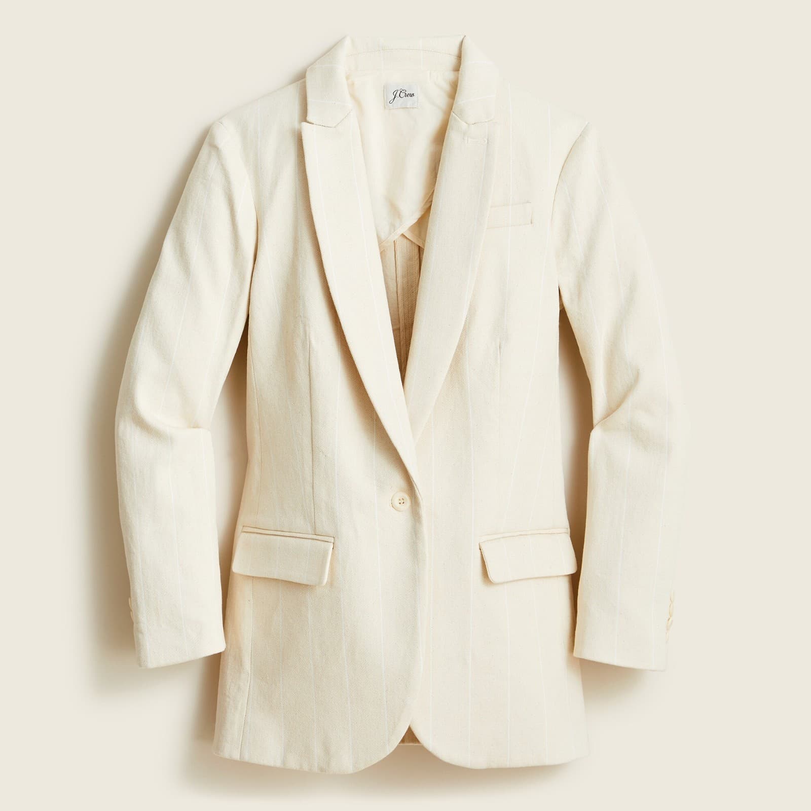 J.Crew Alfie Blazer Denim Stripe One Button Pocket Beige Cotton Women's 6 #BA437 - Thumbnail 2