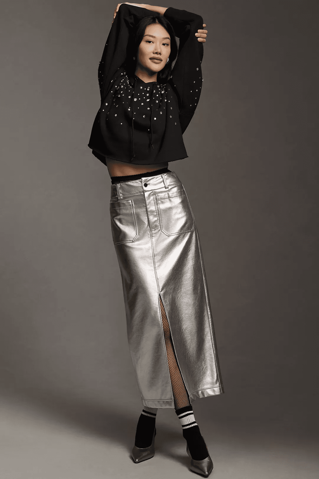 by Anthropologie Silver Metallic Faux Leather Midi Pencil Skirt Front-Slit Sz.S - Thumbnail 4