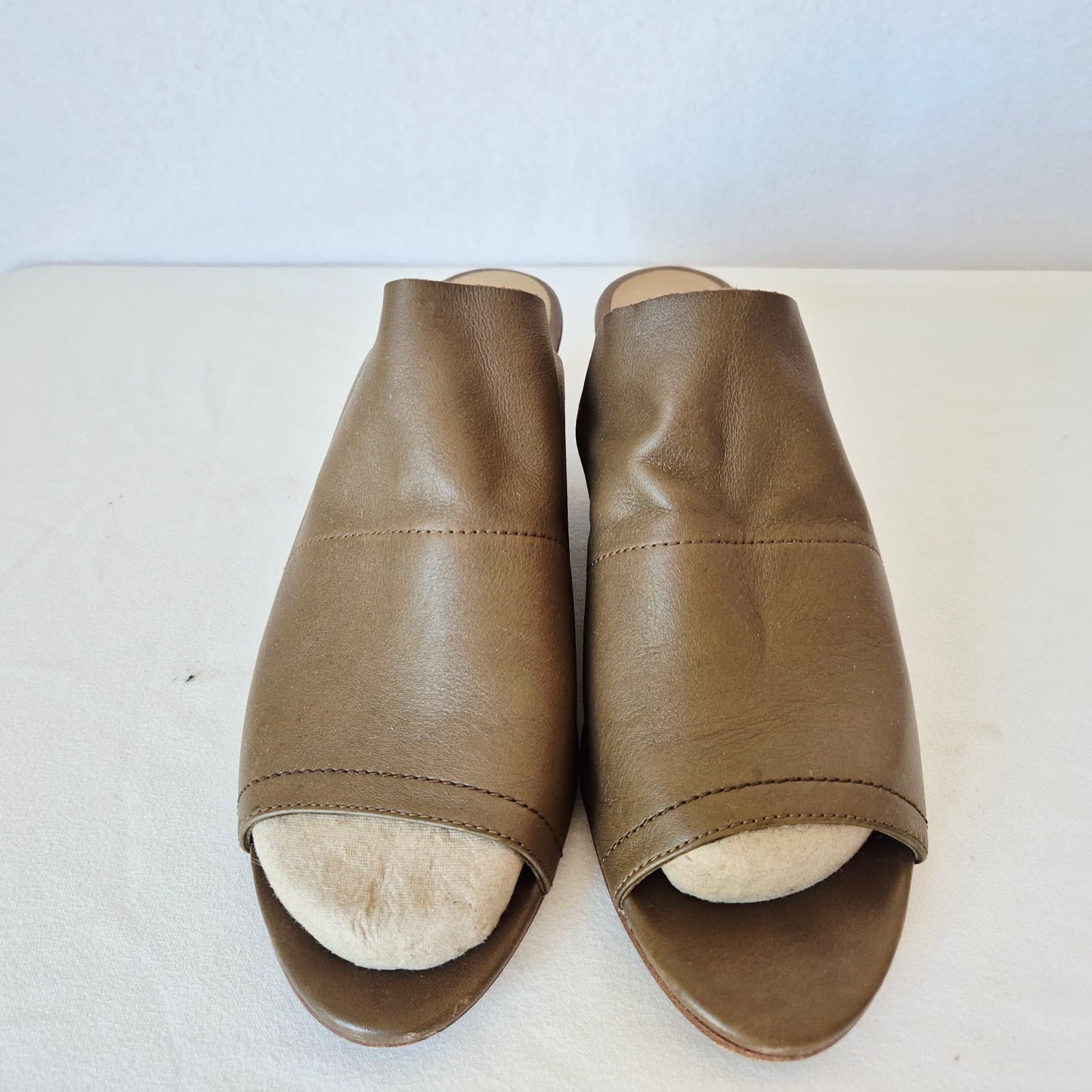 EILEEN FISHER JUJU Slid Sandal Peep-Toe Wood-Stacked Heel Rye/Green Leather US8 - Thumbnail 3