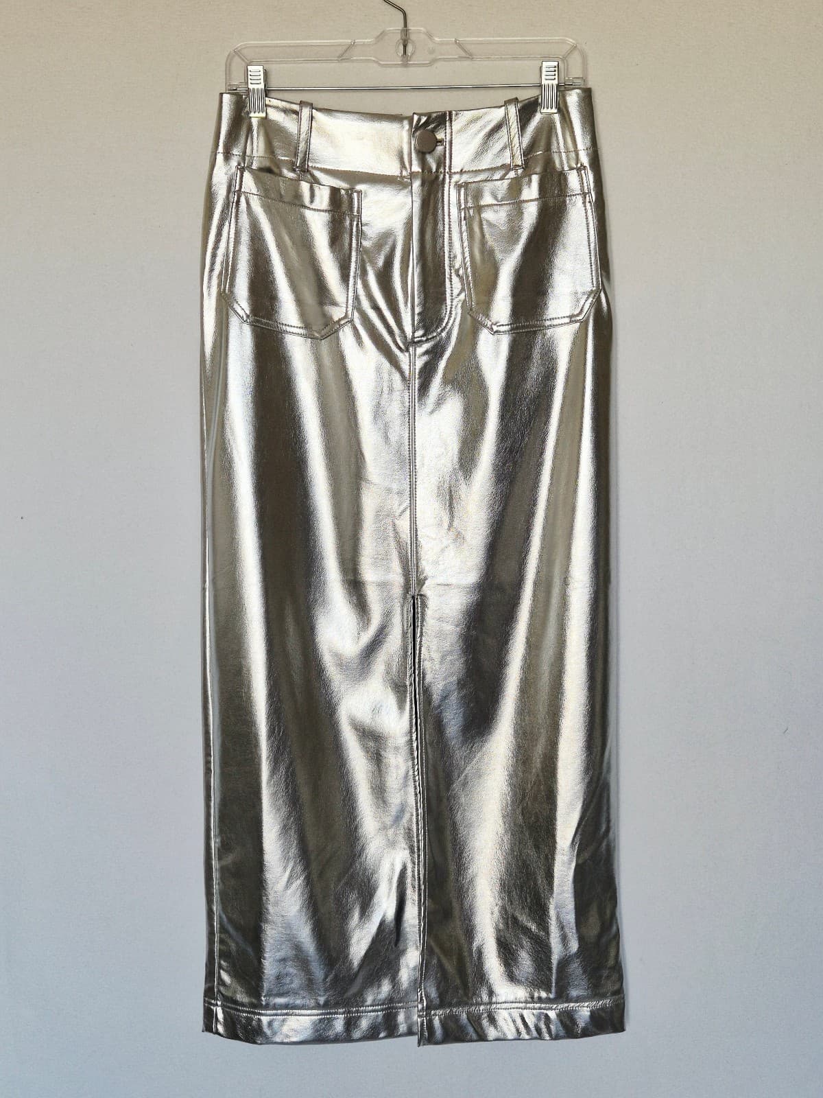 by Anthropologie Silver Metallic Faux Leather Midi Pencil Skirt Front-Slit Sz.S - Thumbnail 5