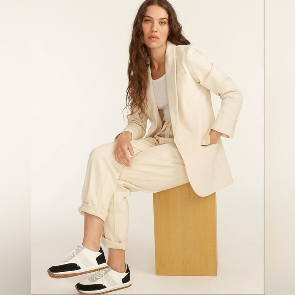 J.Crew Alfie Blazer Denim Stripe One Button Pocket Beige Cotton Women's 6 #BA437 - Thumbnail 4
