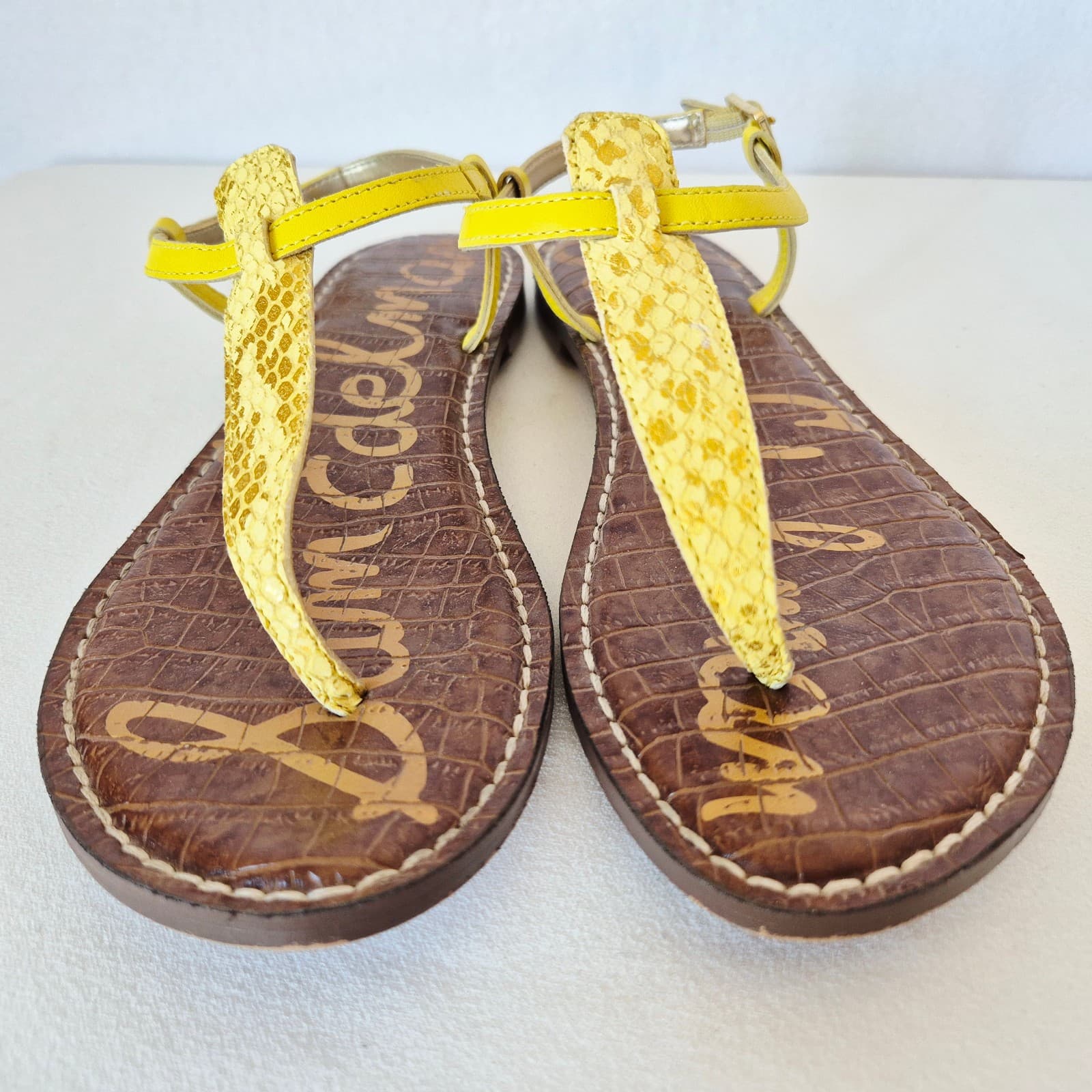 Sam Edelman Gigi Yellow Snake Embossed Leather Thong Sandals Slingback US 7.5M - Thumbnail 4