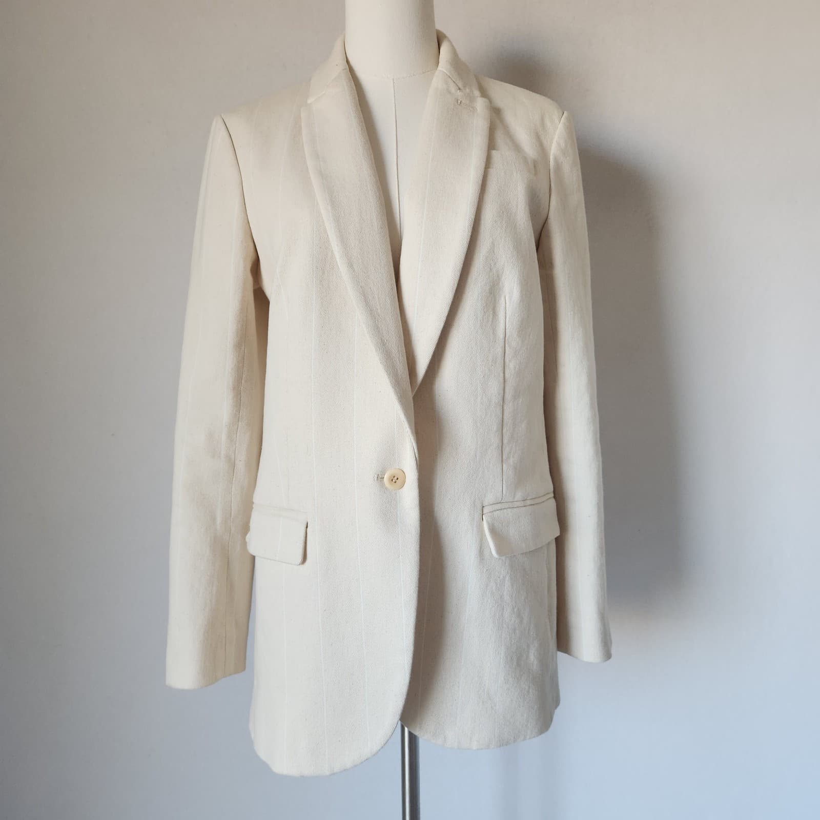 J.Crew Alfie Blazer Denim Stripe One Button Pocket Beige Cotton Women's 6 #BA437 - Thumbnail 3