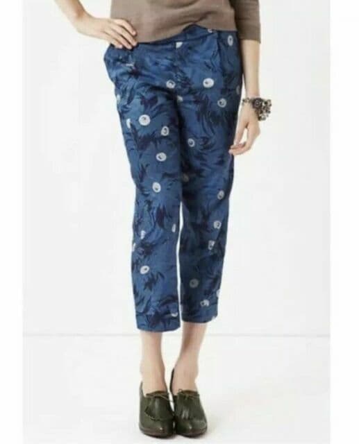 elevenses Antropologie Cotton Blend Slim Crop Pants Floral Blue Zip Pocket Sz.4 - Thumbnail 2