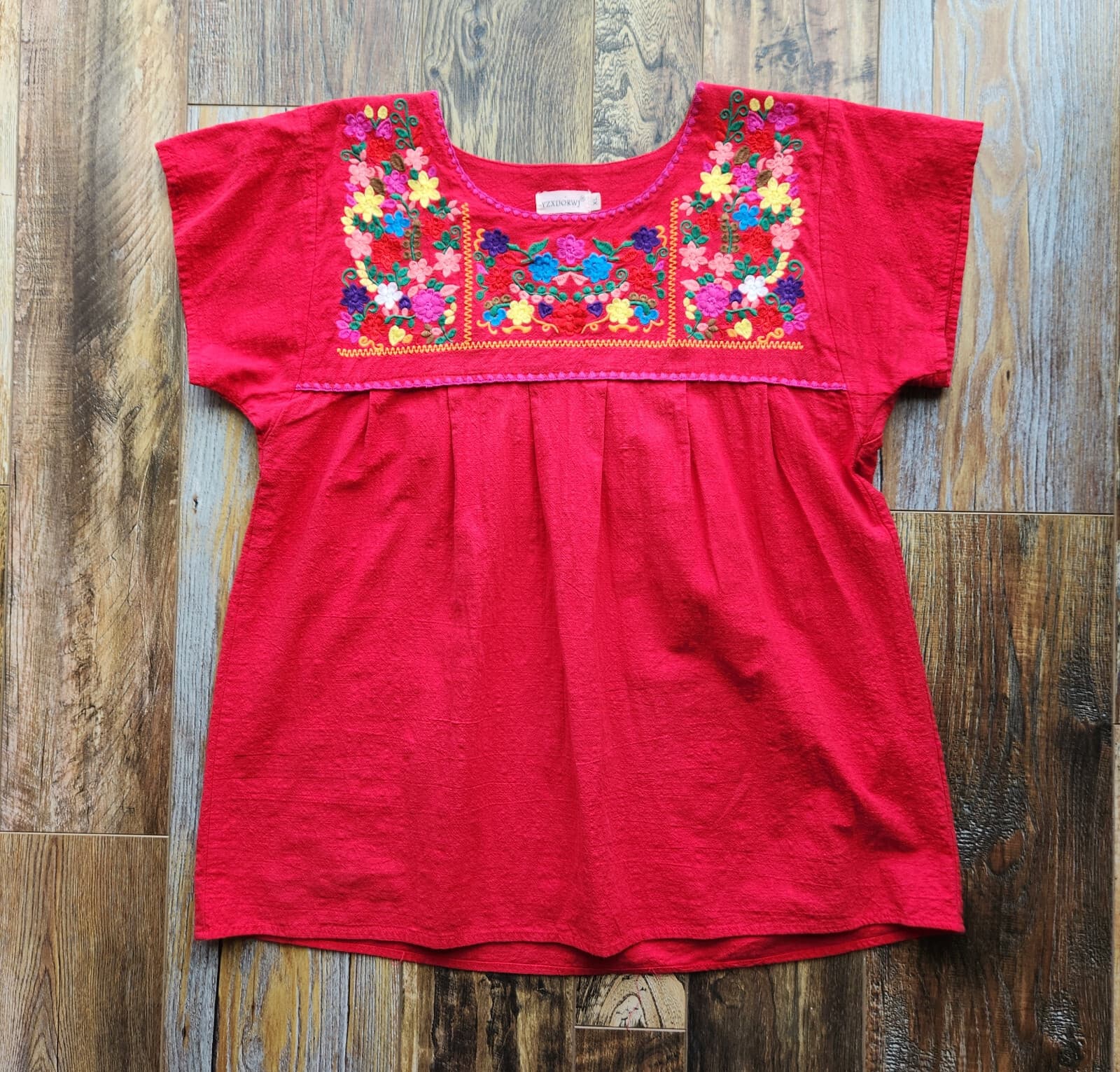 YZXDORWJ Handmade Embroidered Pueblo Peasant Boho Blouse Short Sleeve Red Sz.XL - Thumbnail 5