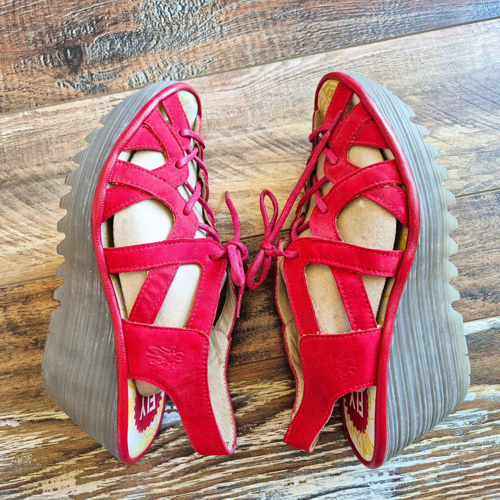 Fly London Yuke Red Suede Leather Lace-Up Wedge Sandals Slingback Women's EU38 - Thumbnail 6