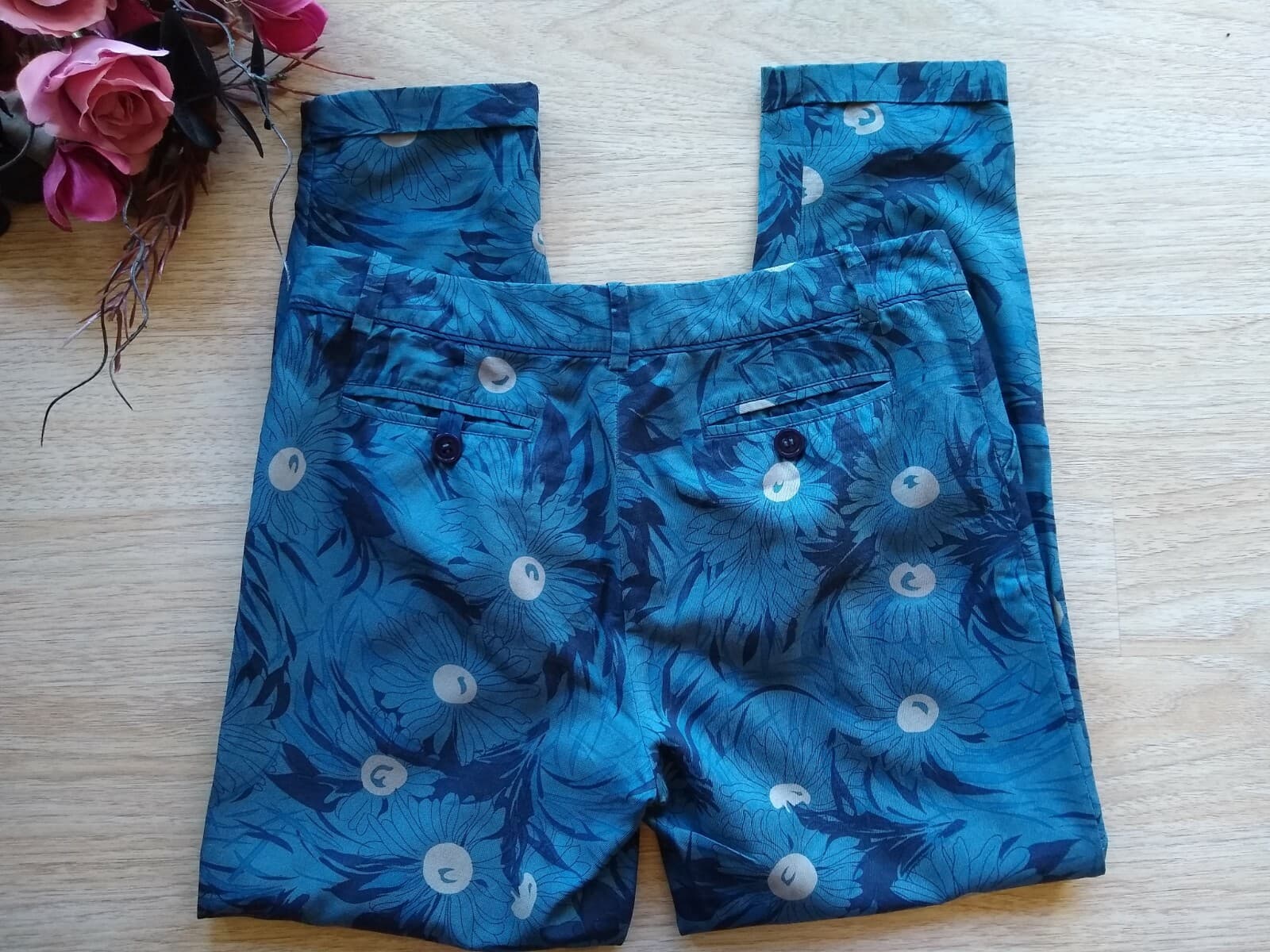 elevenses Antropologie Cotton Blend Slim Crop Pants Floral Blue Zip Pocket Sz.4 - Thumbnail 5
