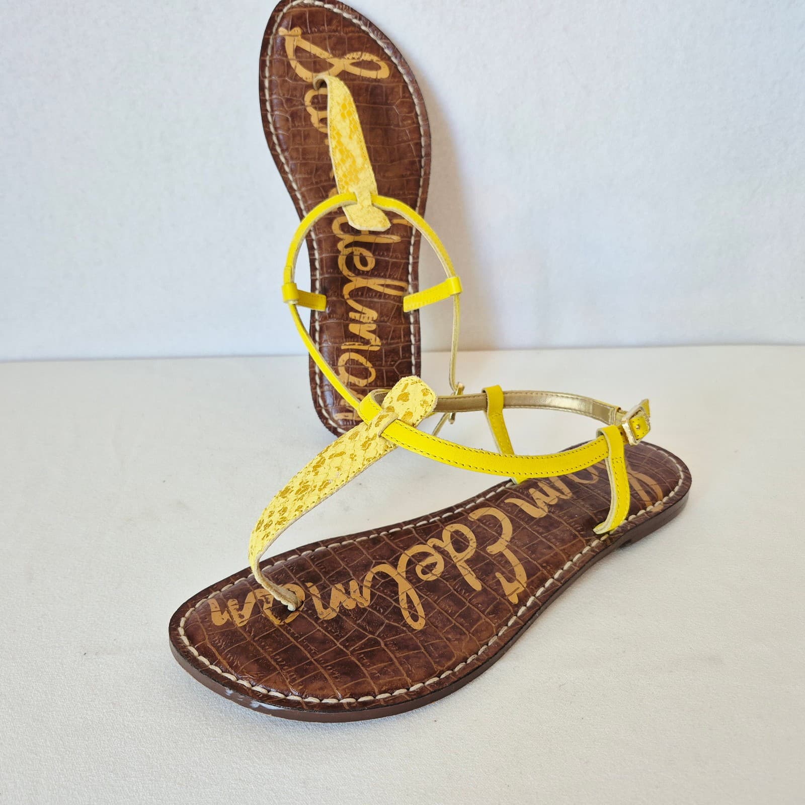 Sam Edelman Gigi Yellow Snake Embossed Leather Thong Sandals Slingback US 7.5M - Thumbnail 3