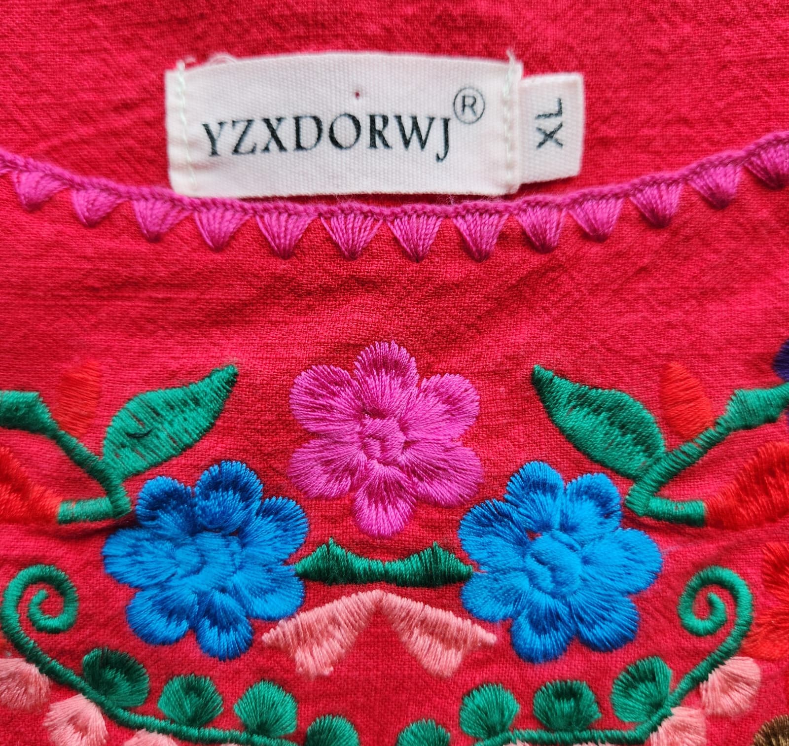 YZXDORWJ Handmade Embroidered Pueblo Peasant Boho Blouse Short Sleeve Red Sz.XL - Thumbnail 7