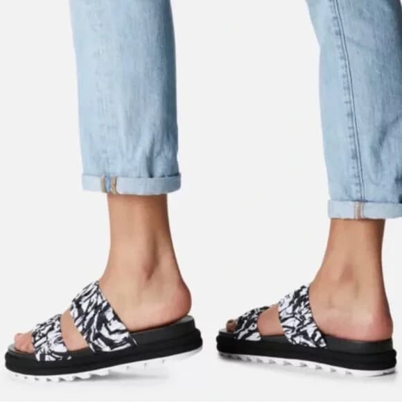 Sorel Roaming Two-Strap Slide Sandal Platform Silky Textile Black White US9 EU40 - Thumbnail 2