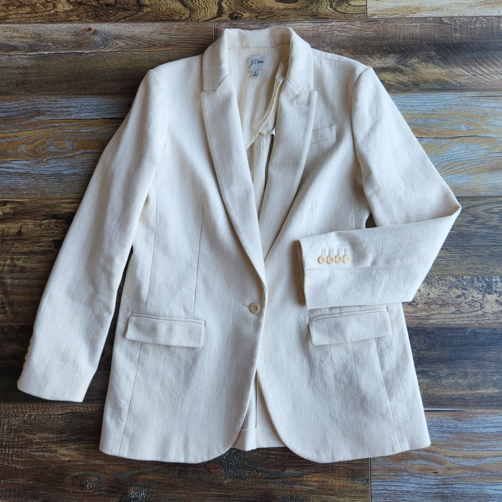 J.Crew Alfie Blazer Denim Stripe One Button Pocket Beige Cotton Women's 6 #BA437 - Thumbnail 5