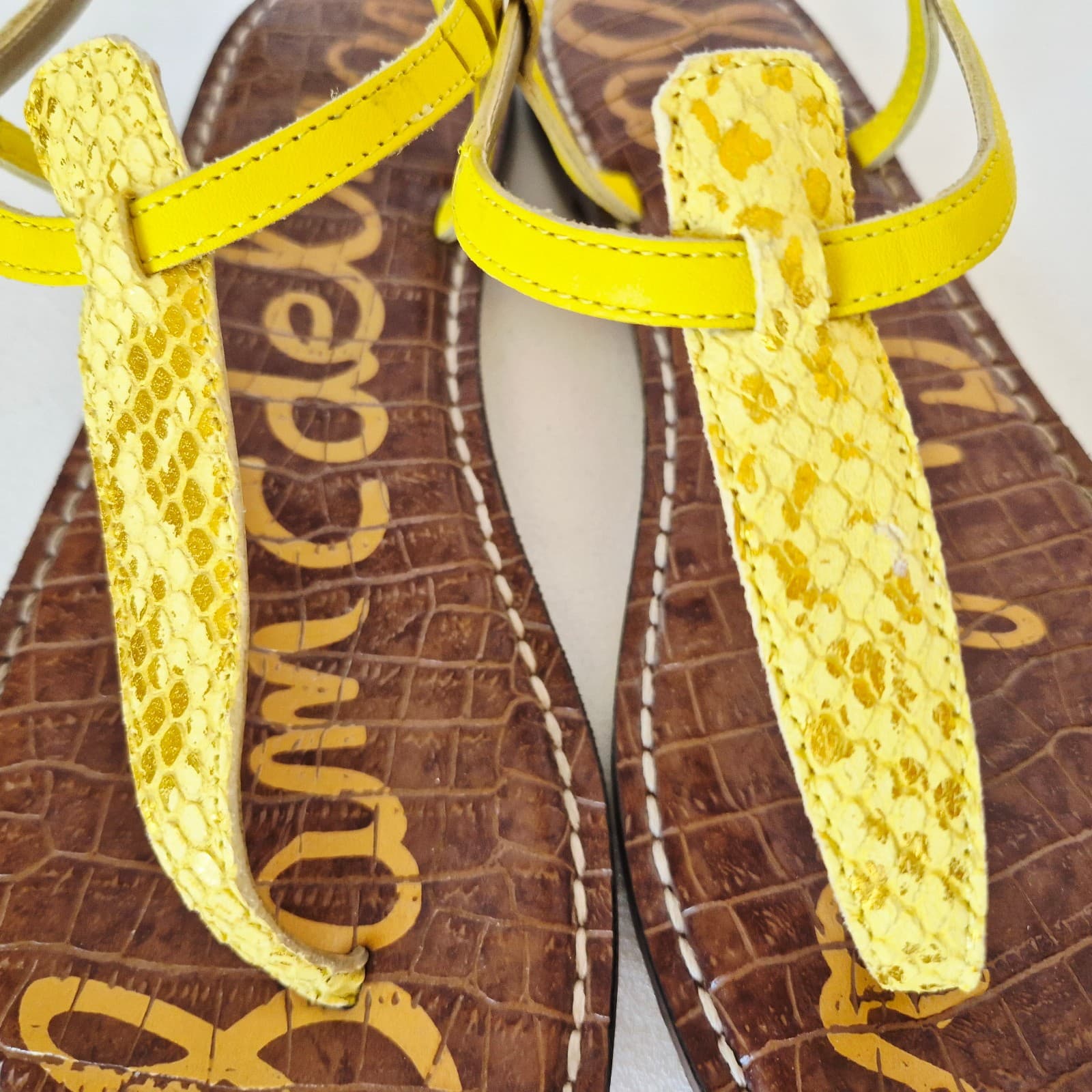 Sam Edelman Gigi Yellow Snake Embossed Leather Thong Sandals Slingback US 7.5M - Thumbnail 5