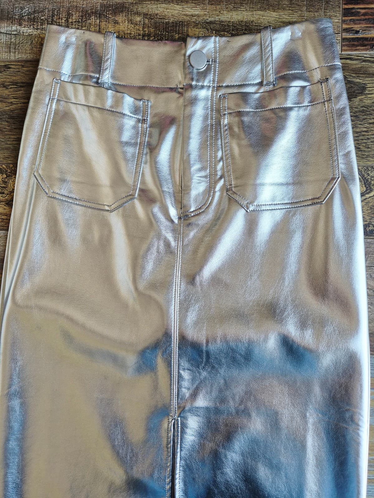 by Anthropologie Silver Metallic Faux Leather Midi Pencil Skirt Front-Slit Sz.S - Thumbnail 3