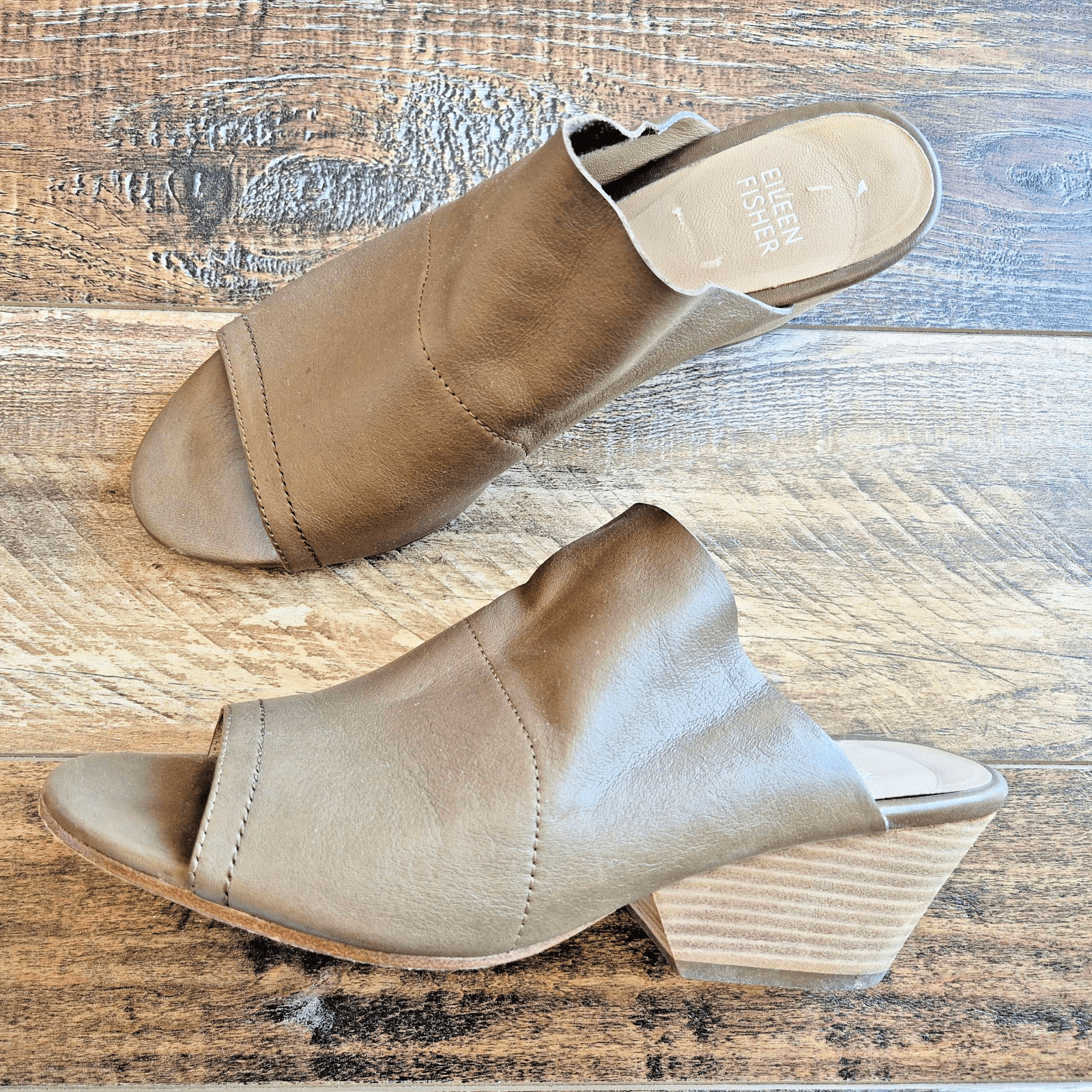EILEEN FISHER JUJU Slid Sandal Peep-Toe Wood-Stacked Heel Rye/Green Leather US8 - Thumbnail 2