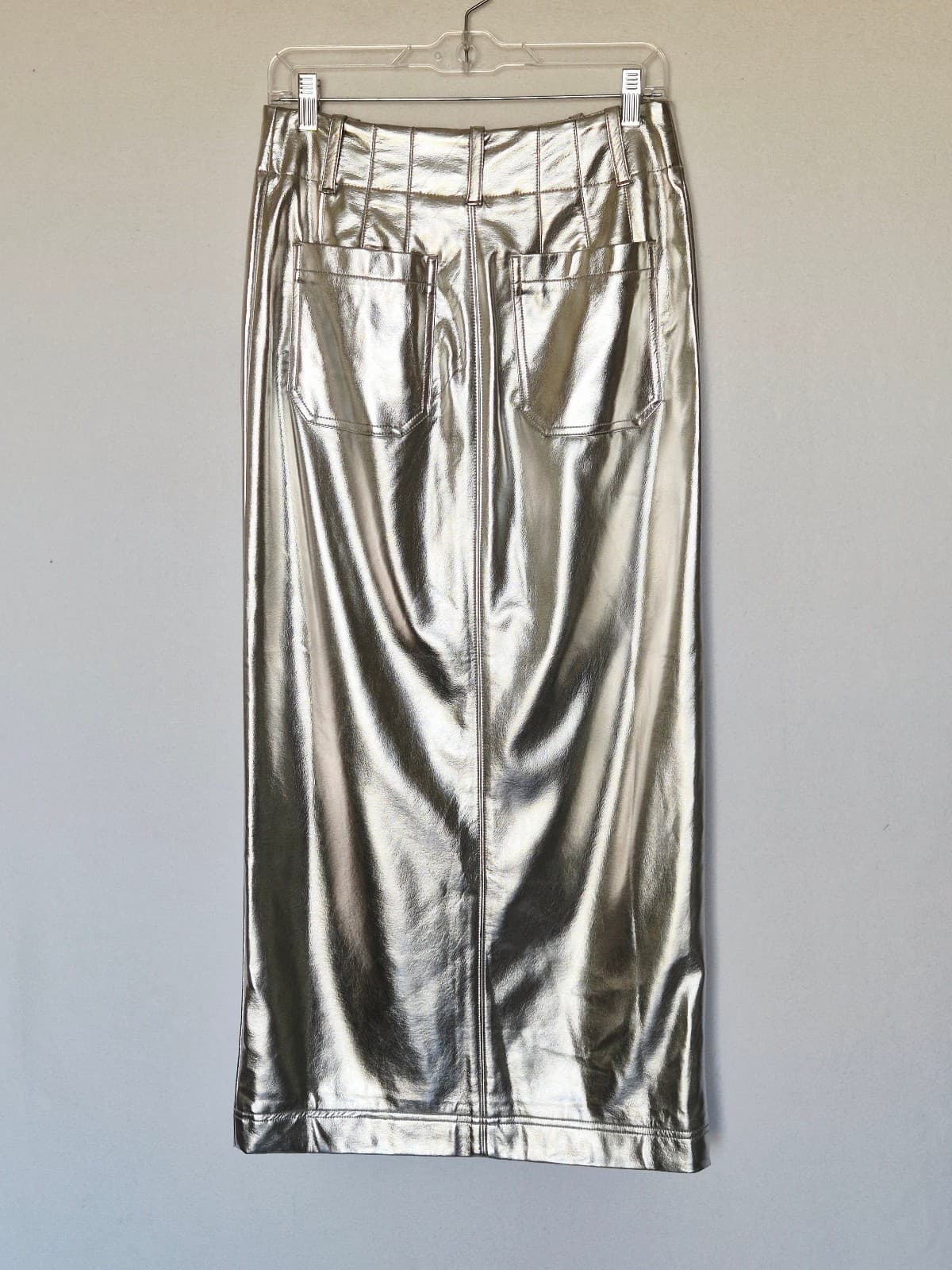 by Anthropologie Silver Metallic Faux Leather Midi Pencil Skirt Front-Slit Sz.S - Thumbnail 6