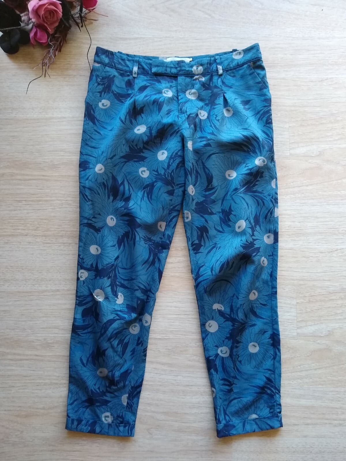 elevenses Antropologie Cotton Blend Slim Crop Pants Floral Blue Zip Pocket Sz.4 - Thumbnail 3