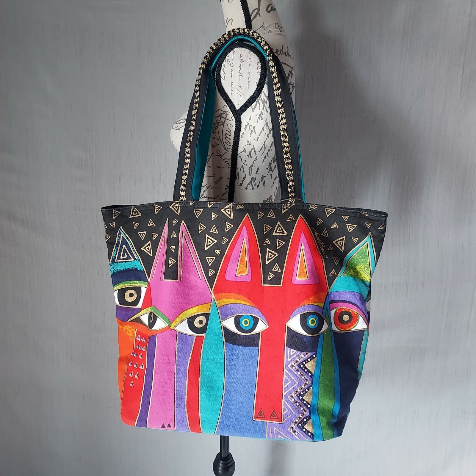EUC Sun N' Sand Laurel Burch Tribal Cats Tote Bag Bead Embellished Canvas Zipper - Thumbnail 3