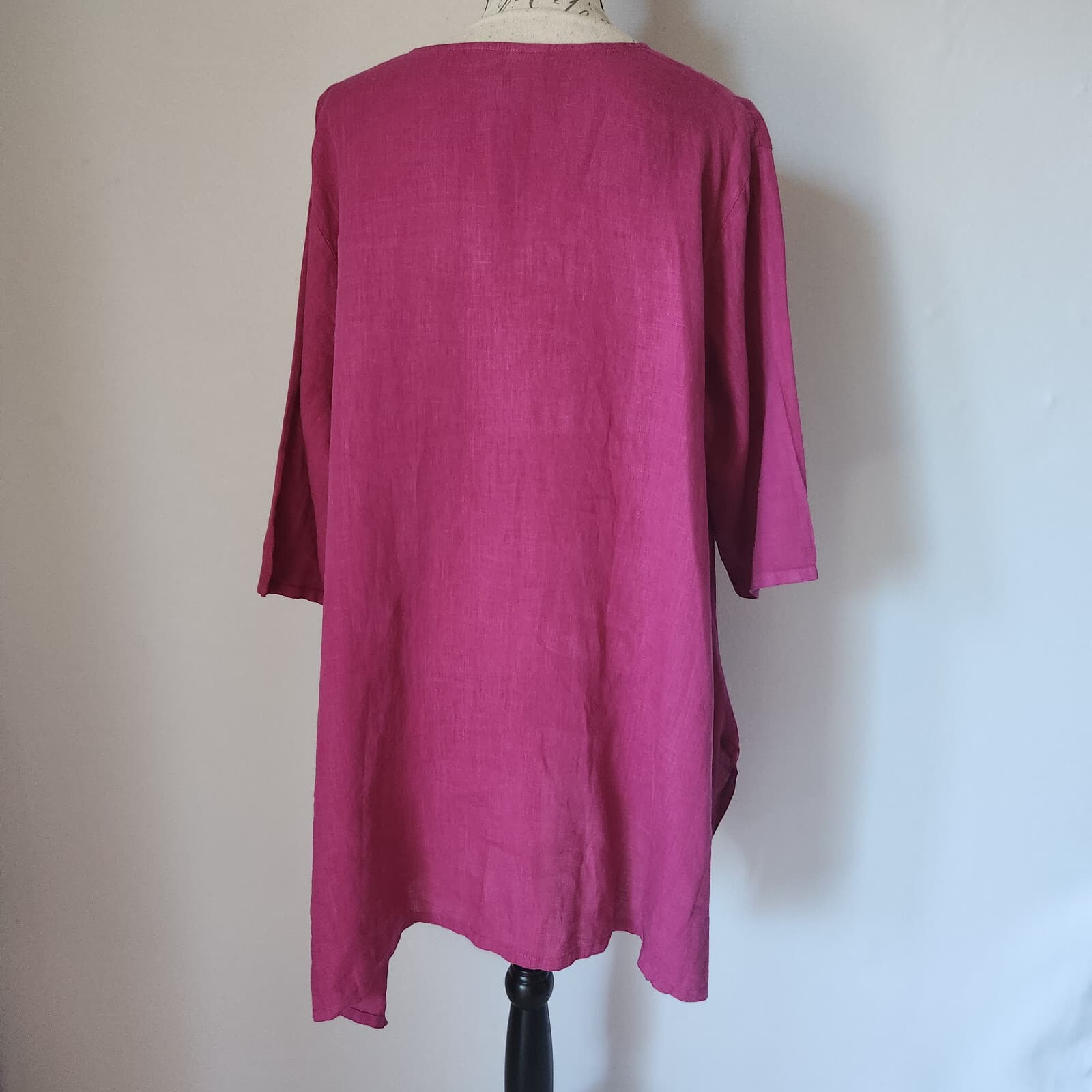 Match Point 100% Linen Lagenlook Mother Pearl Button Blouse Pocket Pink Sz.L USA - Thumbnail 6