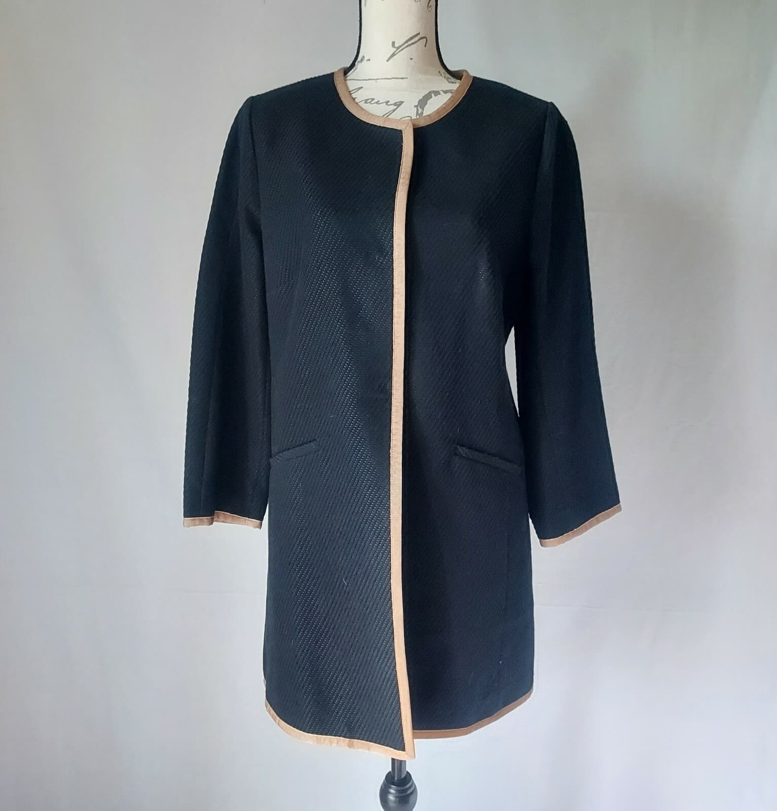 NWoT Talbots Tweet Coat Jacket Snap Pocket Black Tan Trim Cotton Blend Women 10 - Thumbnail 4