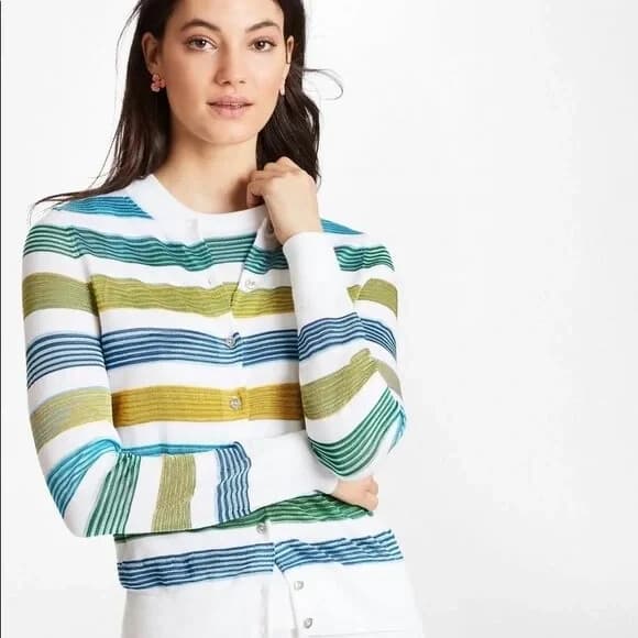 Brooks Brothers Crew Neck Cardigan Button Cotton Blend Multicolor Stripe Sz.M - Thumbnail 2