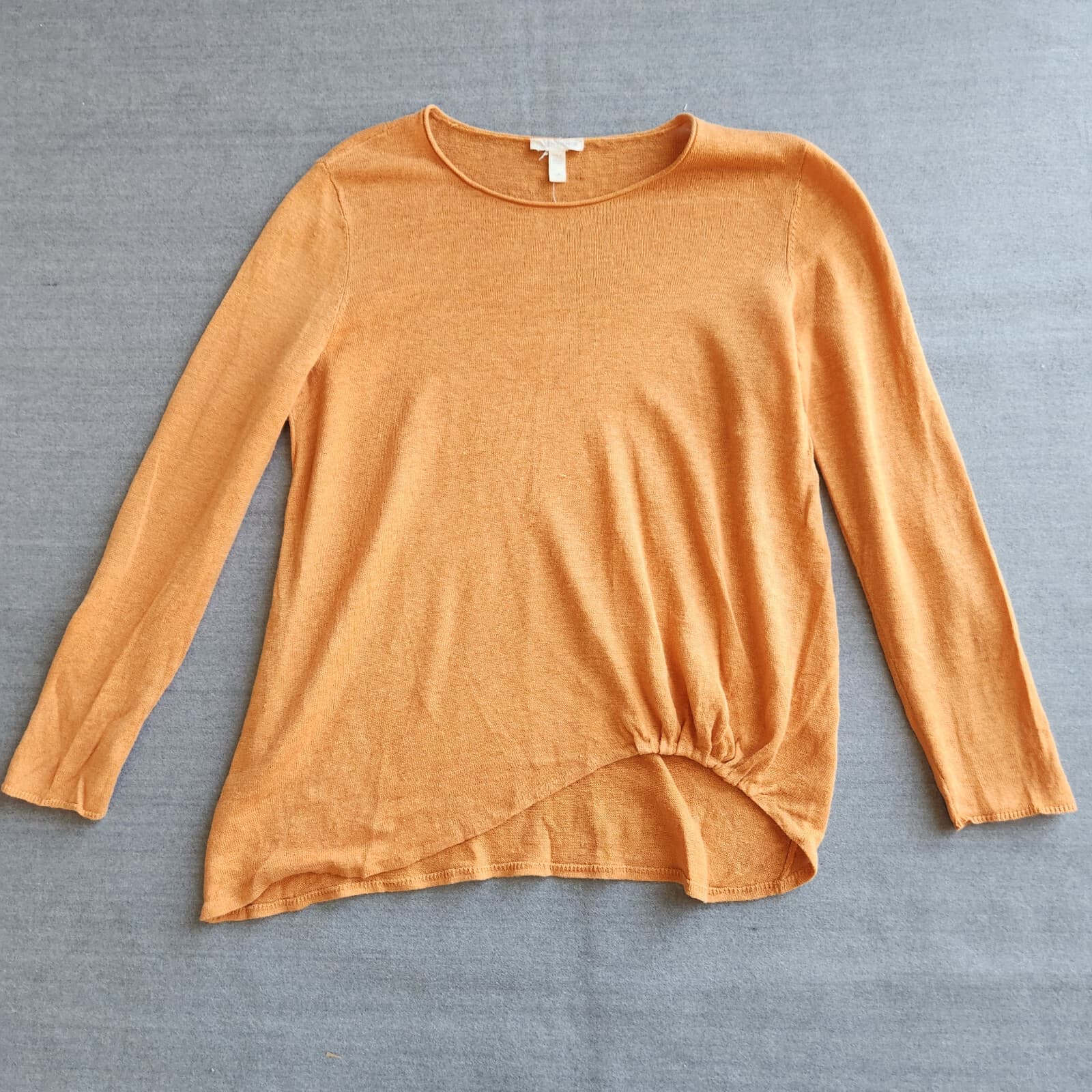 EILEEN FISHER Organic Linen Top Ruched-Hem Long Sleeve Crew Neck Orange Sz.S - Thumbnail 4