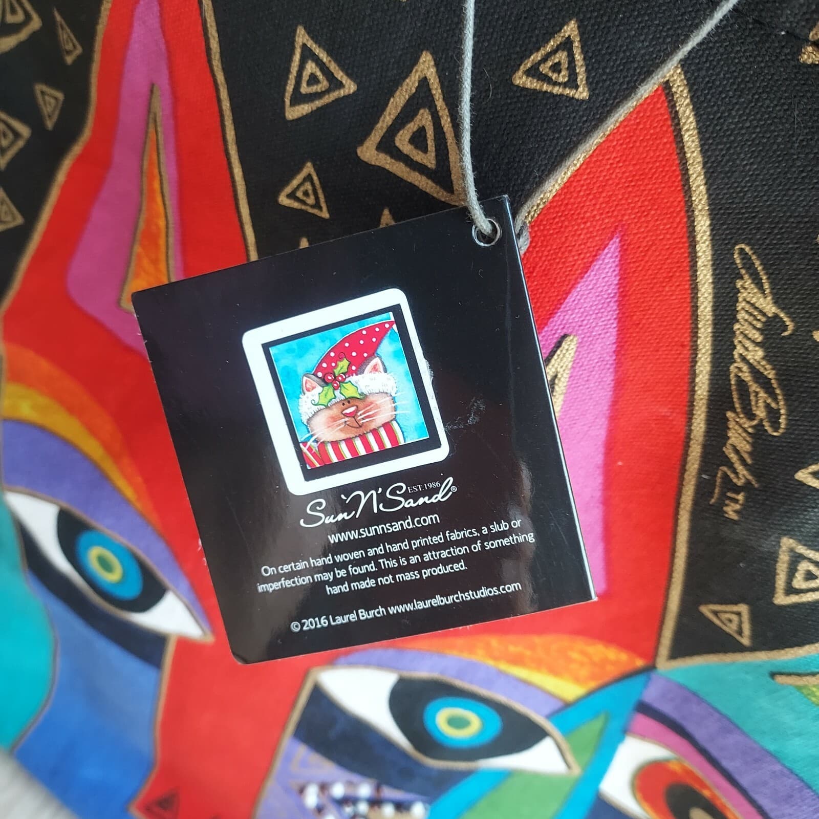 EUC Sun N' Sand Laurel Burch Tribal Cats Tote Bag Bead Embellished Canvas Zipper - Thumbnail 5